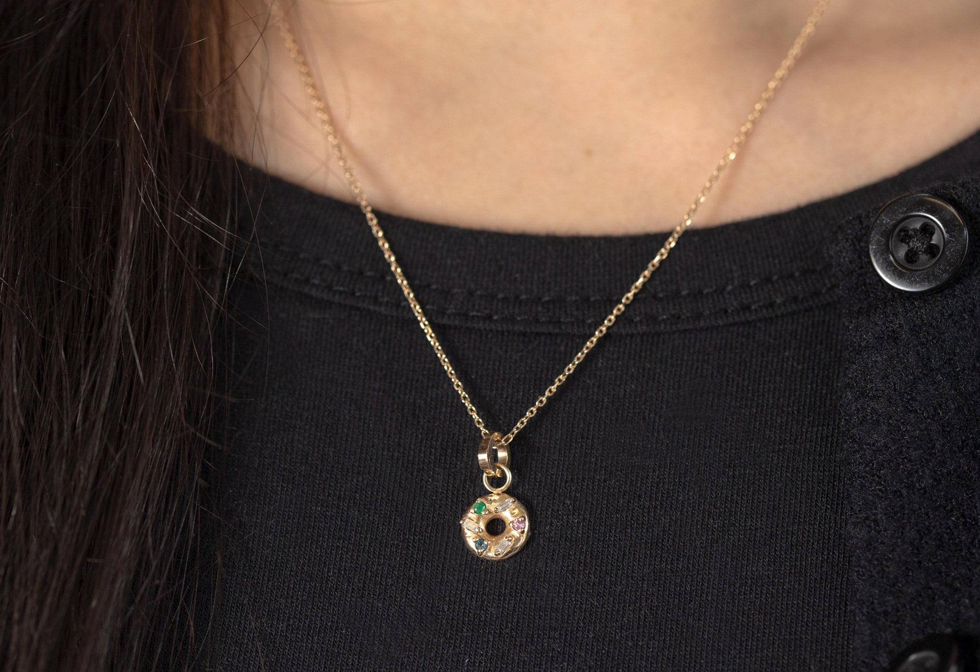 10k Yellow Gold Donut Charm on Necklace Chain on Model