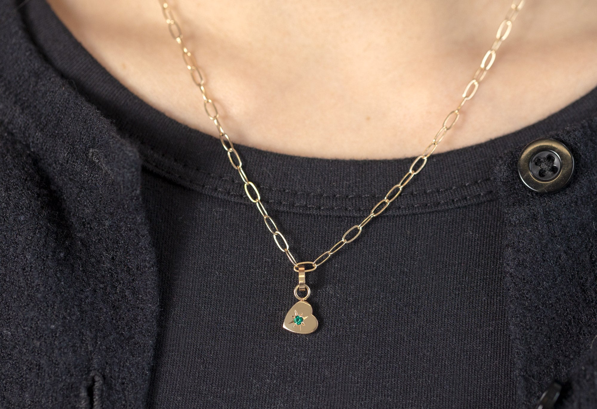 10k Yellow Gold Emerald Heart Charm on Necklace Chain on Model