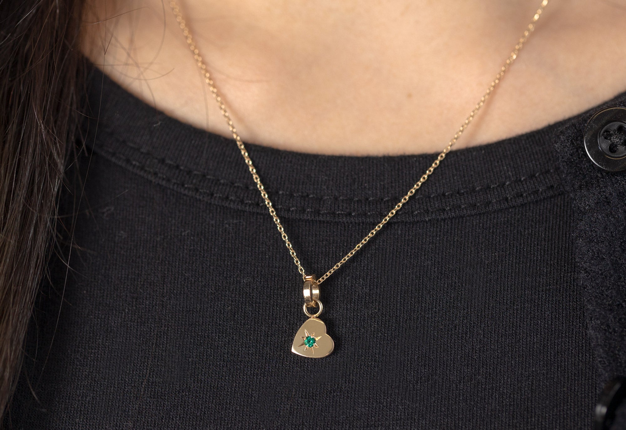 10k Yellow Gold Emerald Heart Charm on Necklace Chain on Model
