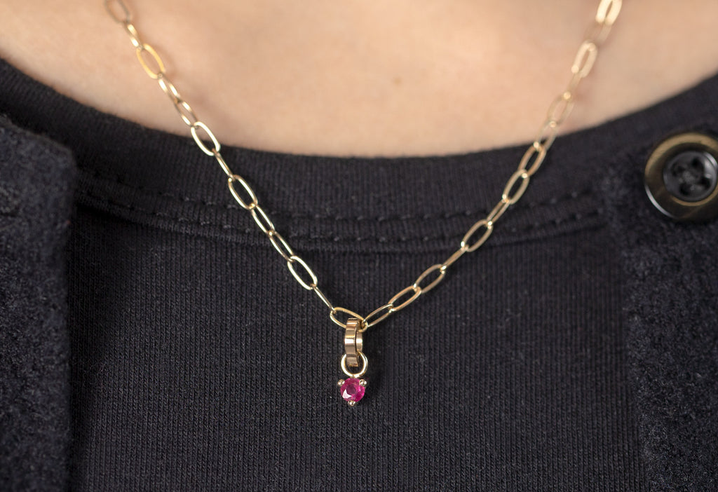 10k Yellow Gold Ruby Birthstone Charm on Charm Necklace on Model