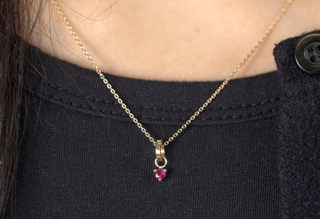 10k Yellow Gold Ruby Birthstone Charm on Charm Necklace on Model