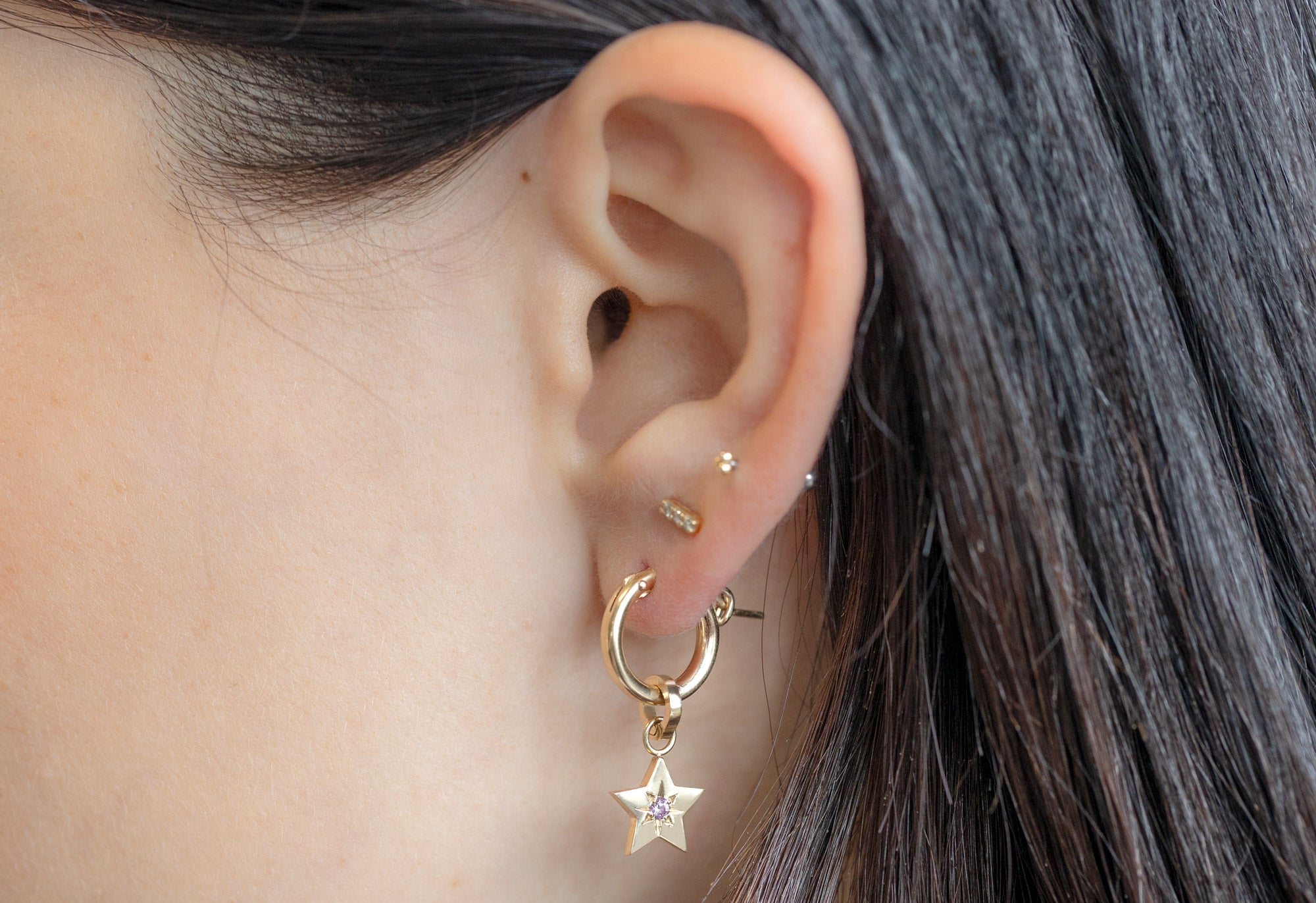 10k Yellow Gold Star Charm on Charm Hoops on Model