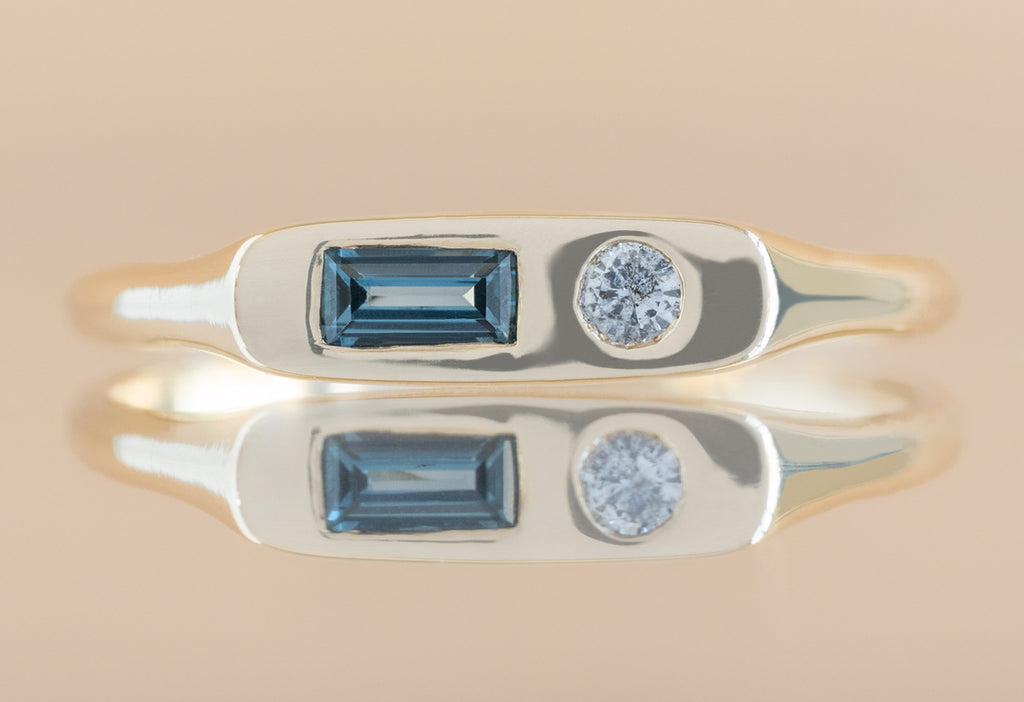 Asymmetrical Sapphire + Diamond Signet Ring on Mirror