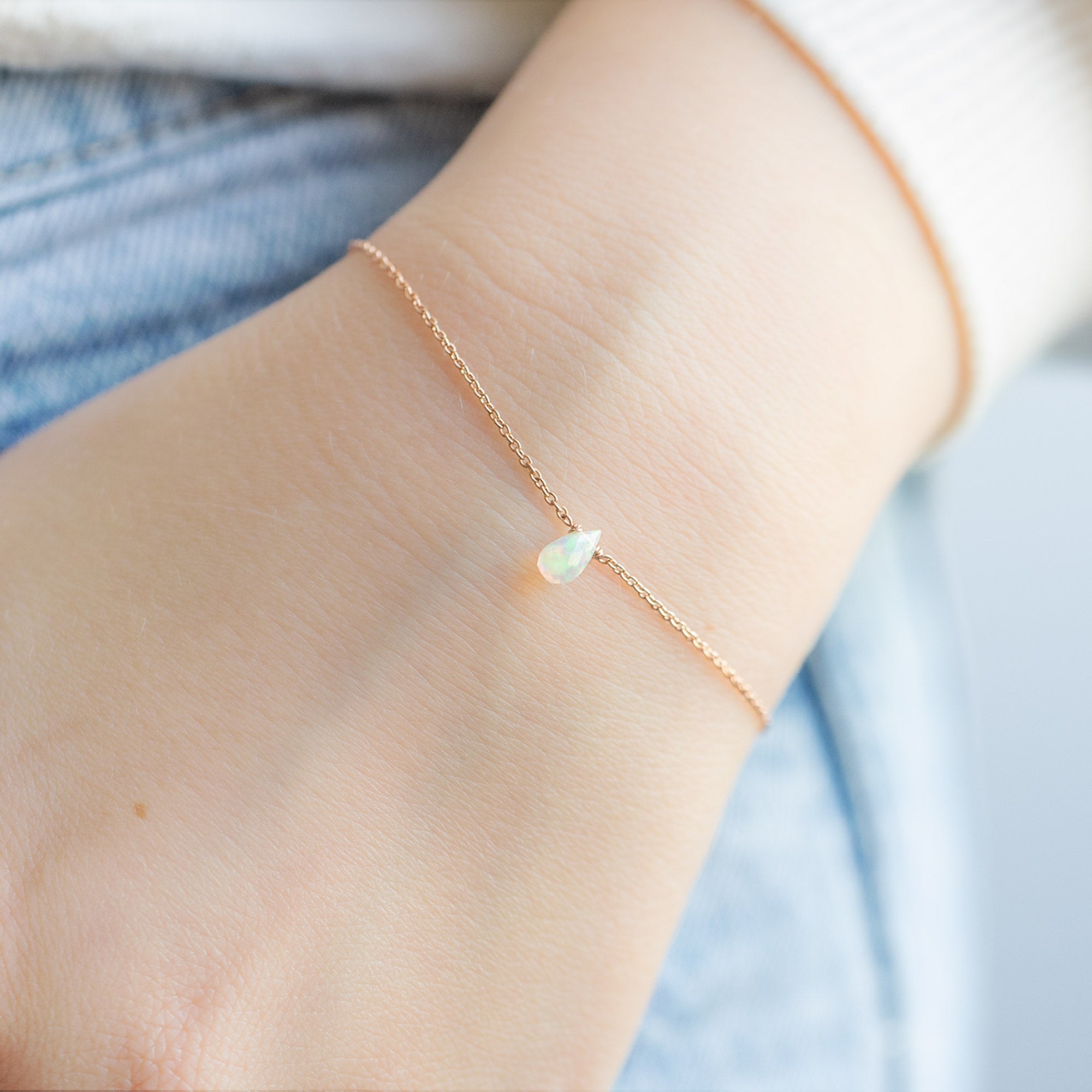 The Opal Teardrop Bracelet in Rose Gold Filled on Model