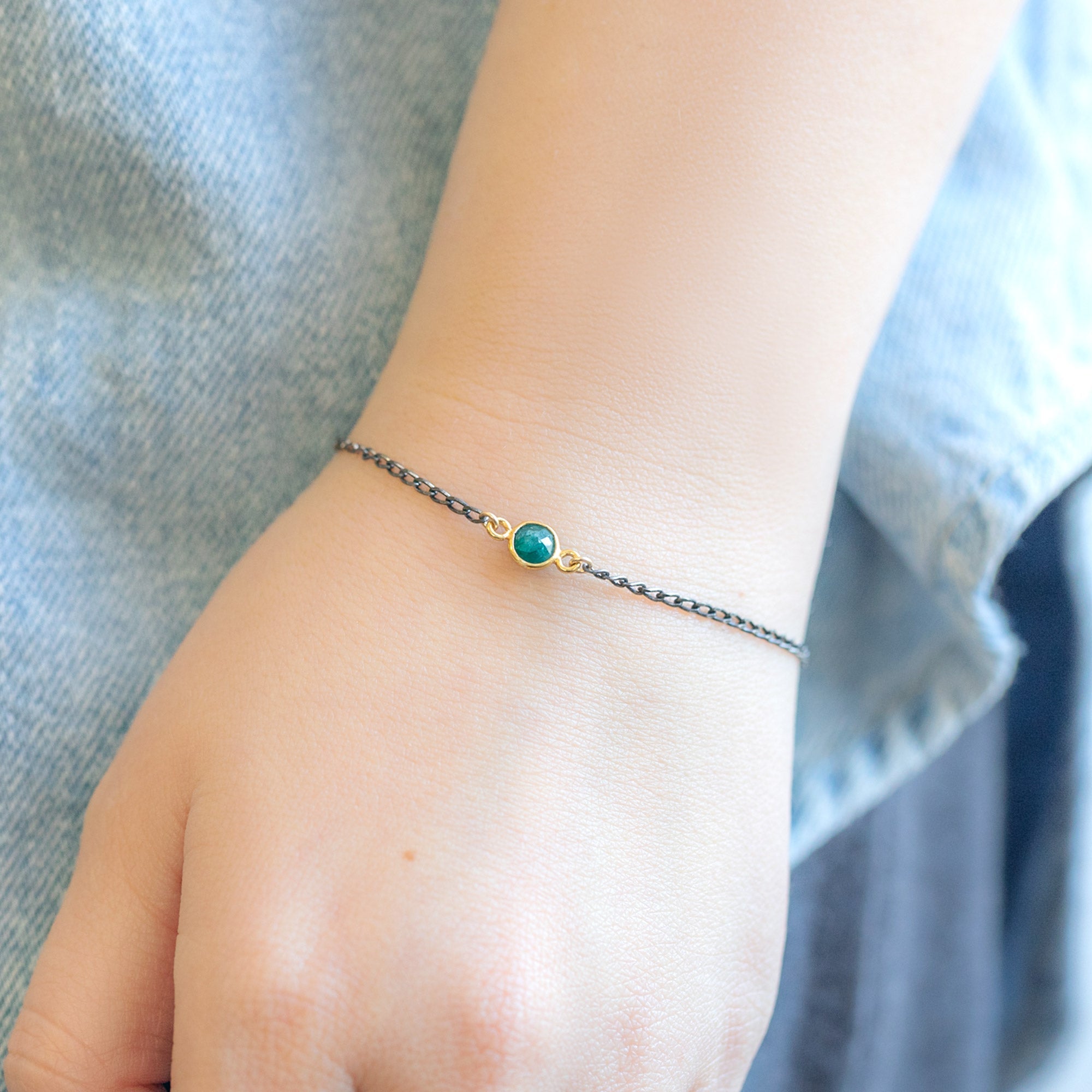 The Simple Emerald Gemstone Bracelet in Sterling Silver on Model