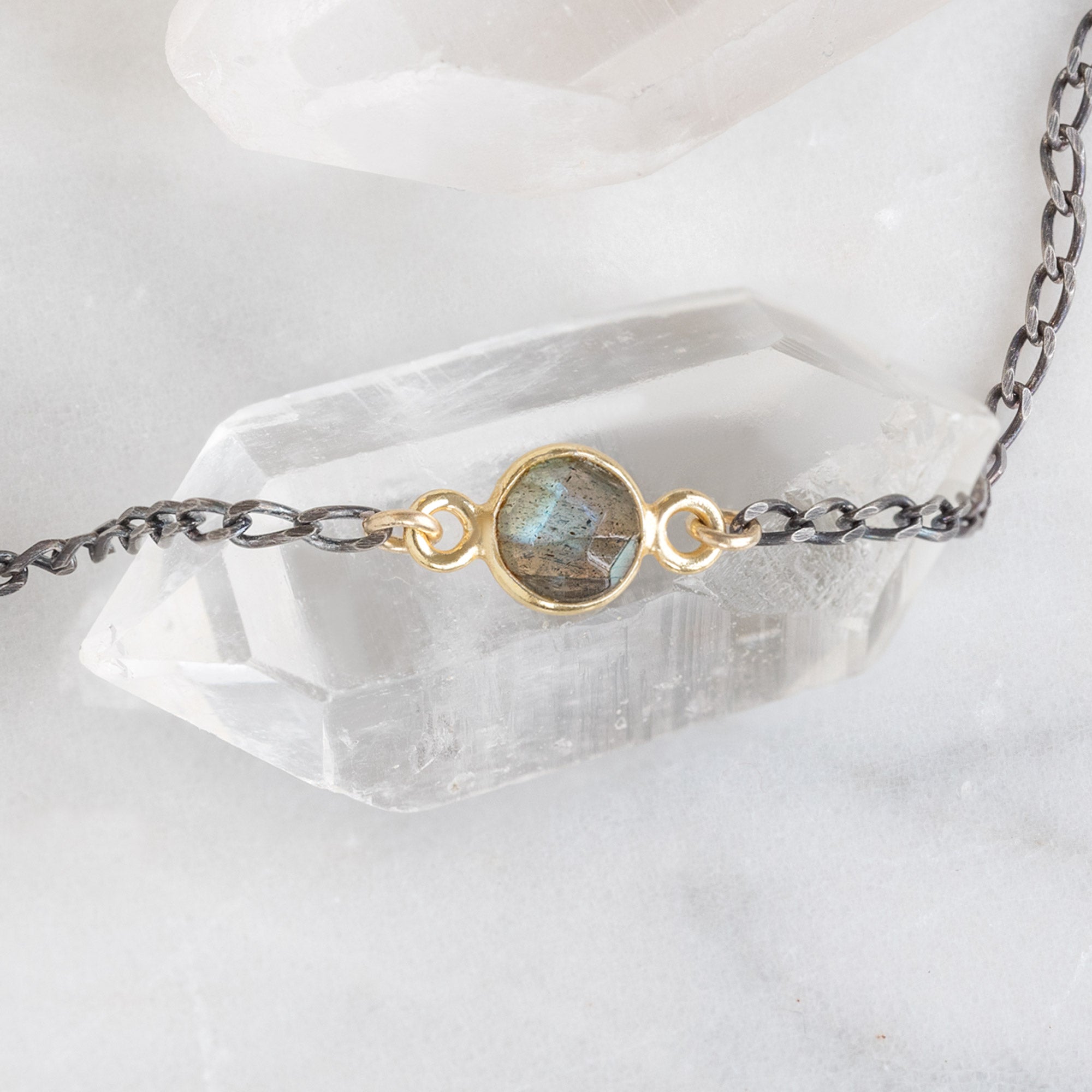 The Simple Labradorite Gemstone Bracelet in Sterling Silver on White Crystal
