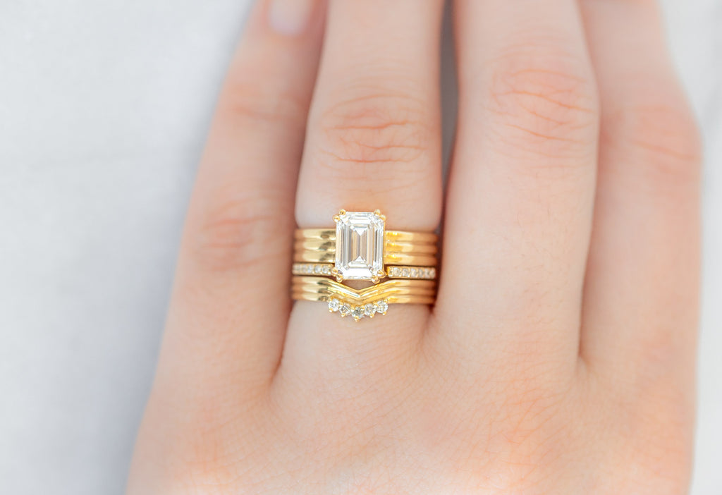 Custom Trio Pavé Peak Stacking Ring Stacked with Diamond Engagement Ring on Model