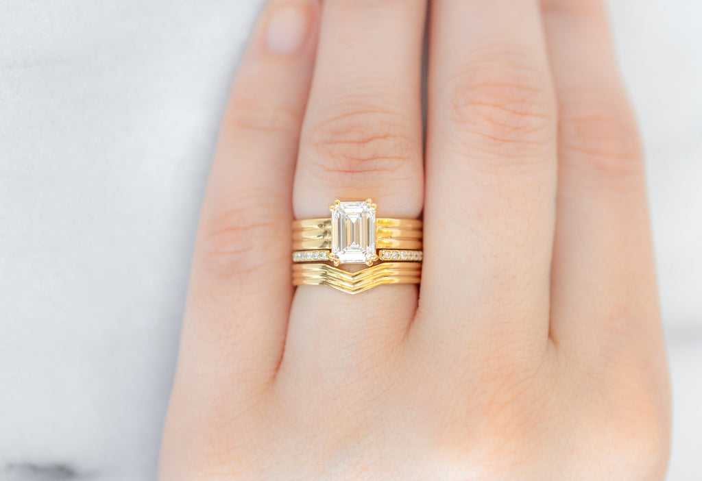 Custom Trio Peak Stacking Ring Stacked with Engagement Ring on Model