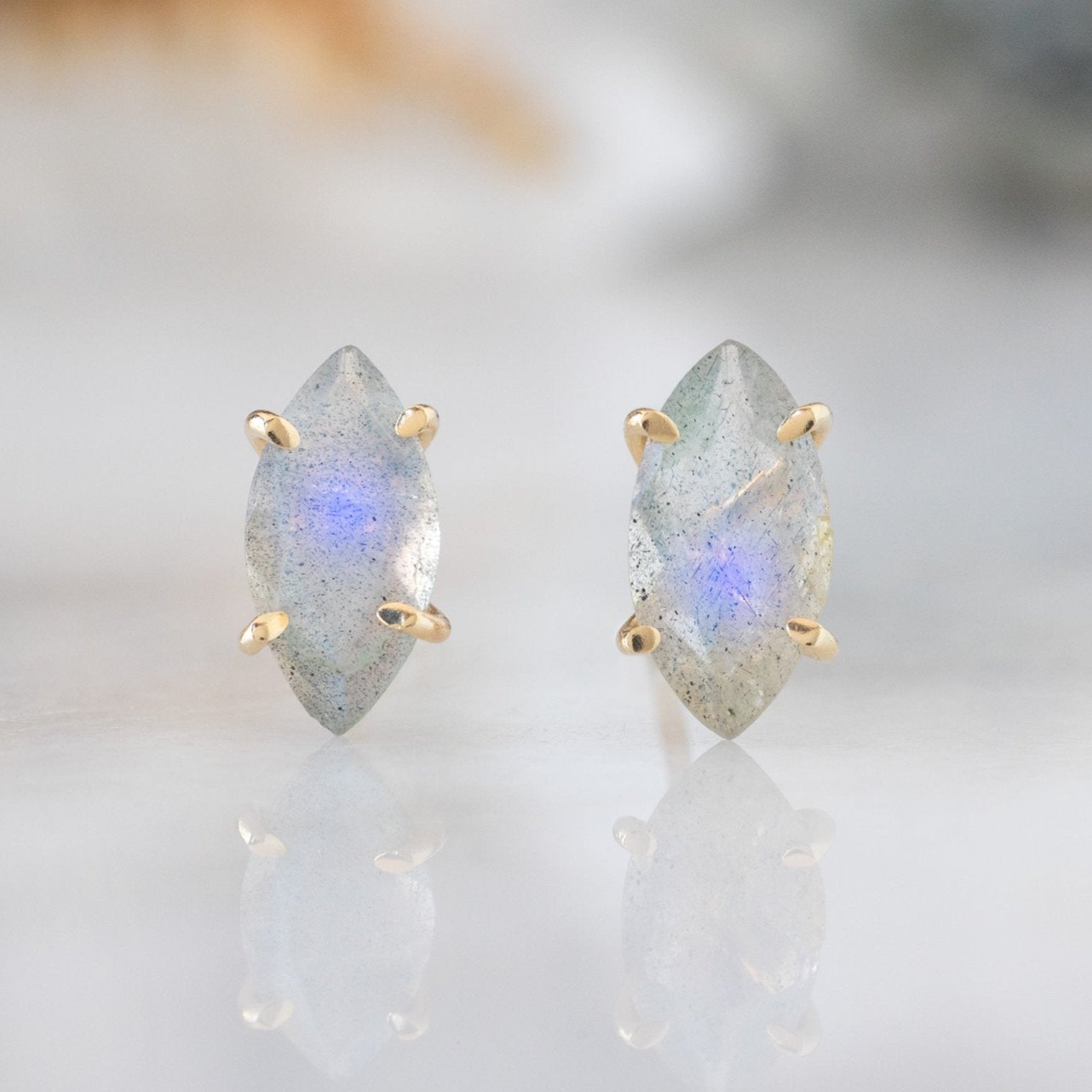 The Labradorite Marquise Stud Earrings | Yellow, Rose, White or Sterling Silver