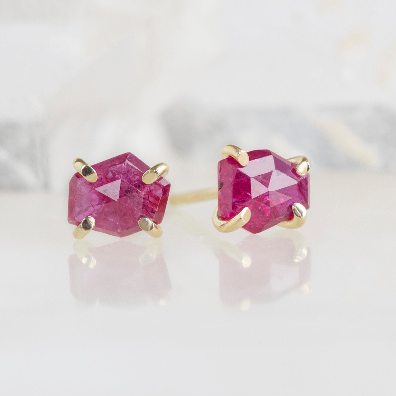 The Hexagon Ruby Stud Earrings | Yellow, Rose or Sterling Silver
