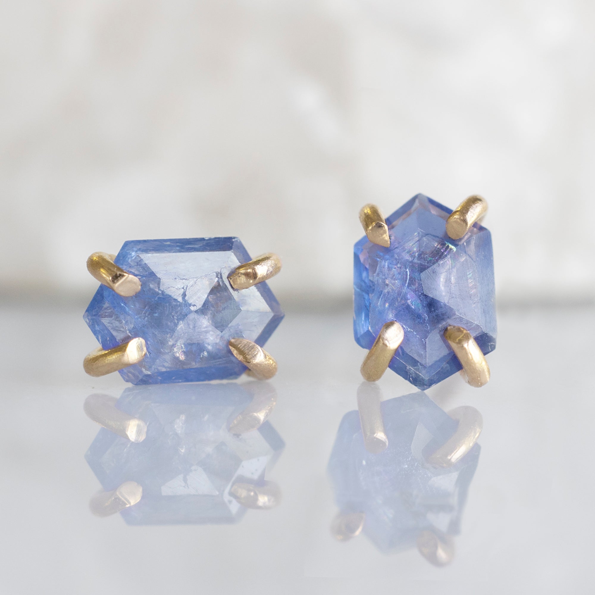 The Hexagon Blue Sapphire Stud Earrings | Yellow, Rose or White Gold