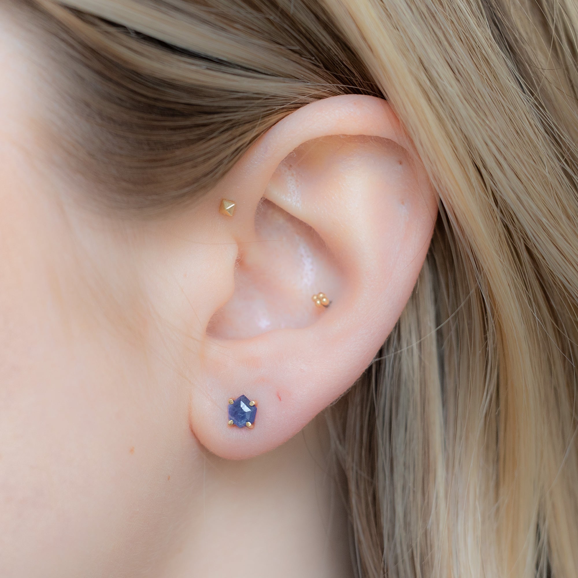 The Hexagon Blue Sapphire Stud Earrings | Yellow, Rose or White Gold