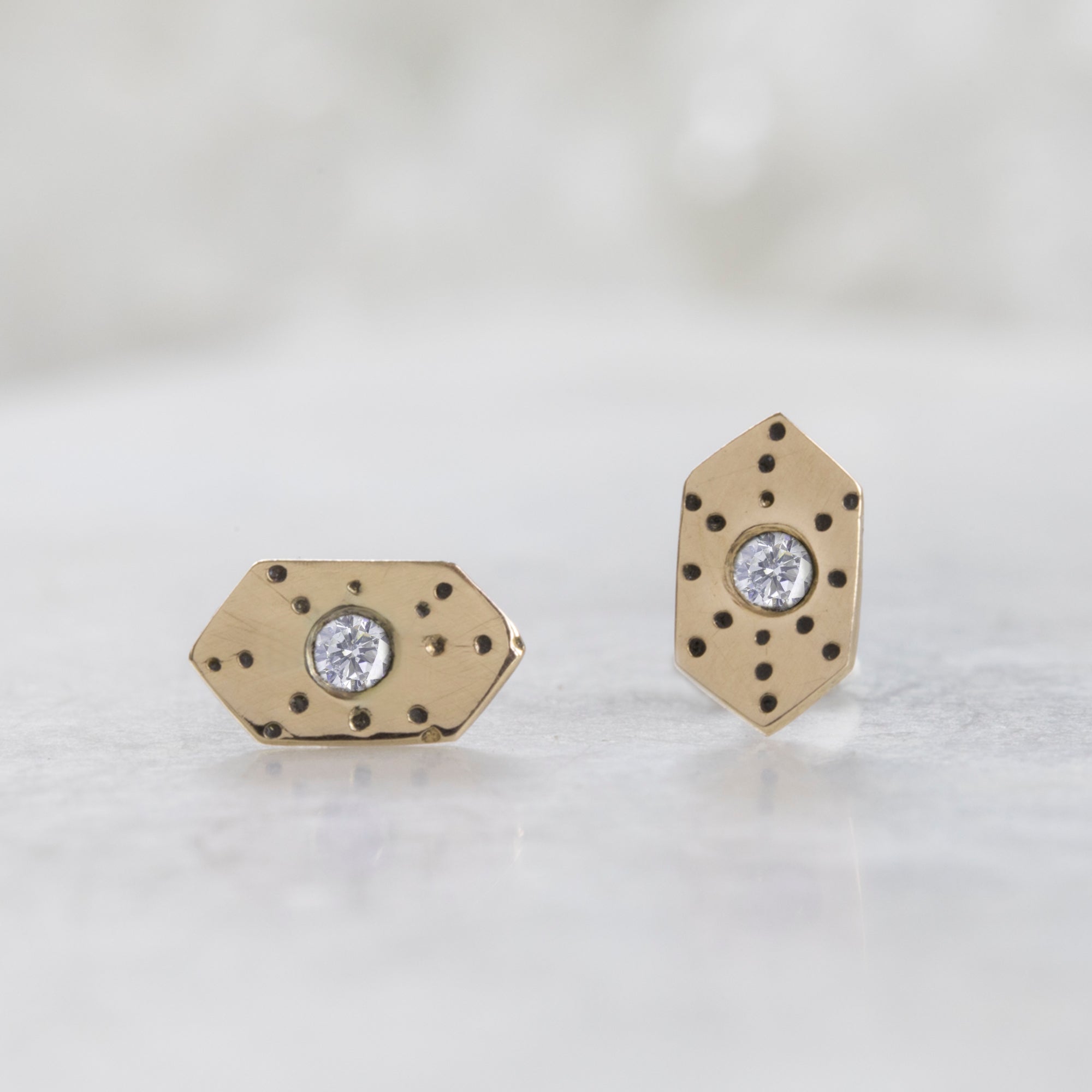 The Hexagon White Diamond Stardust Stud Earrings | Yellow Gold