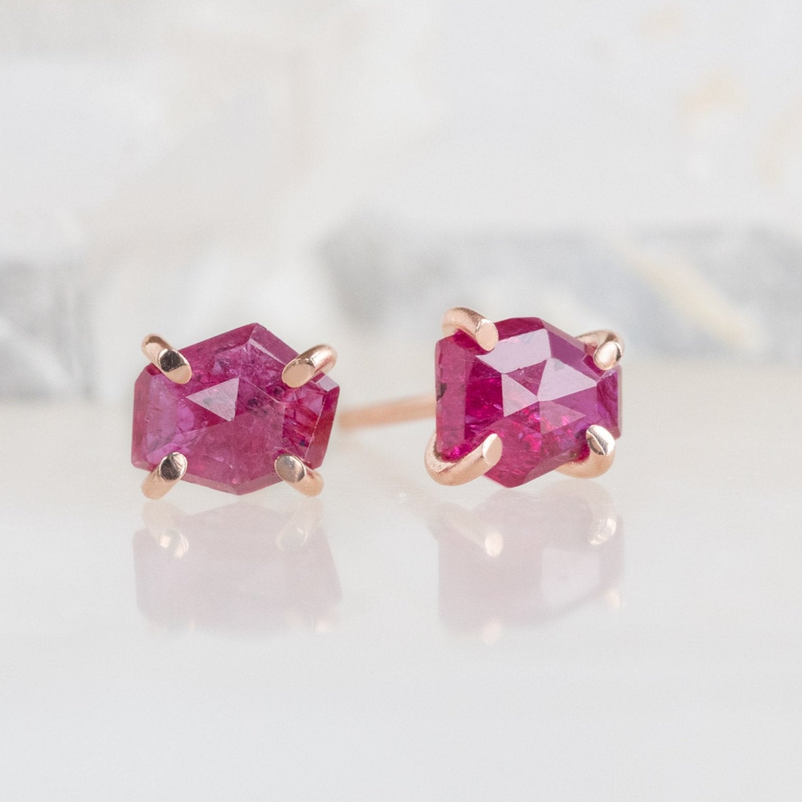 The Hexagon Ruby Stud Earrings | Yellow, Rose or Sterling Silver