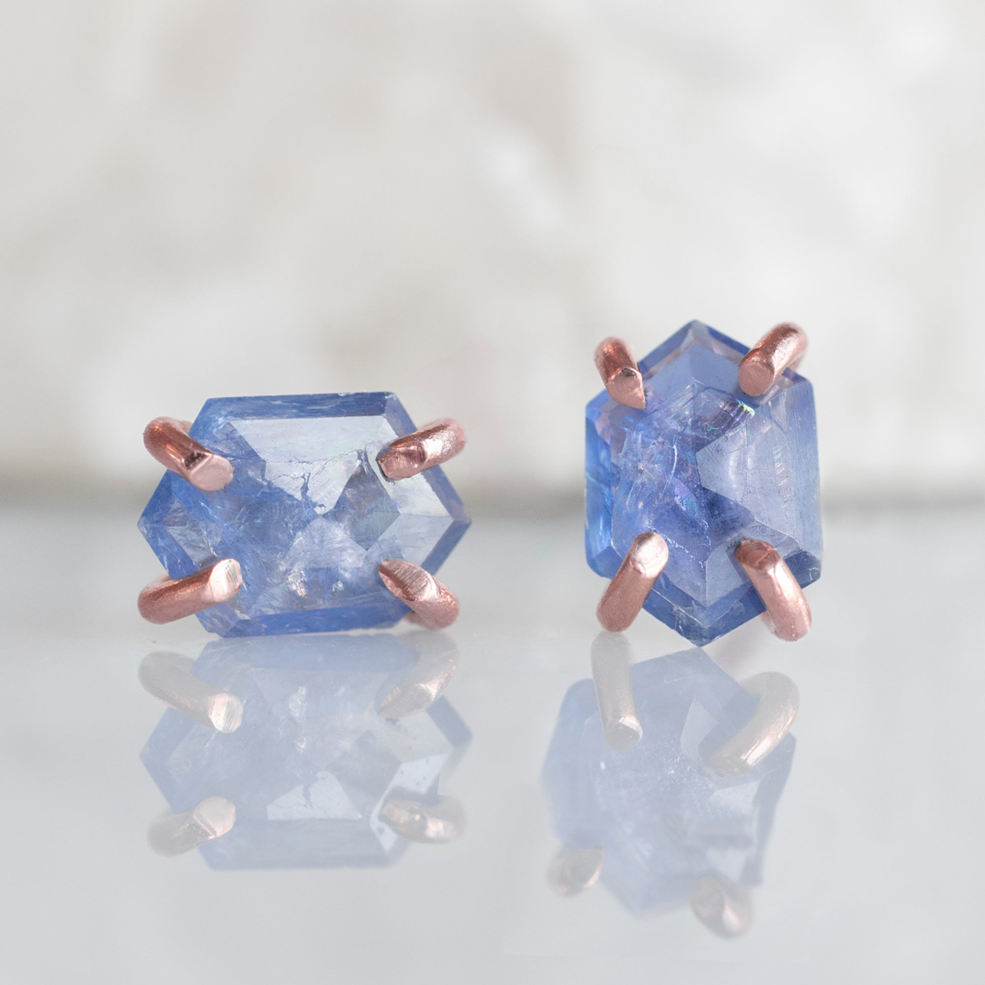 The Hexagon Blue Sapphire Stud Earrings | Yellow, Rose or White Gold