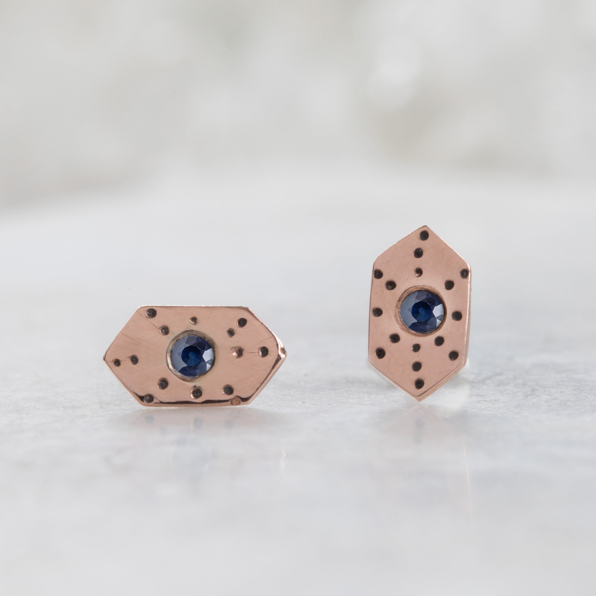 The Hexagon Blue Sapphire Stardust Stud Earrings | Rose Gold
