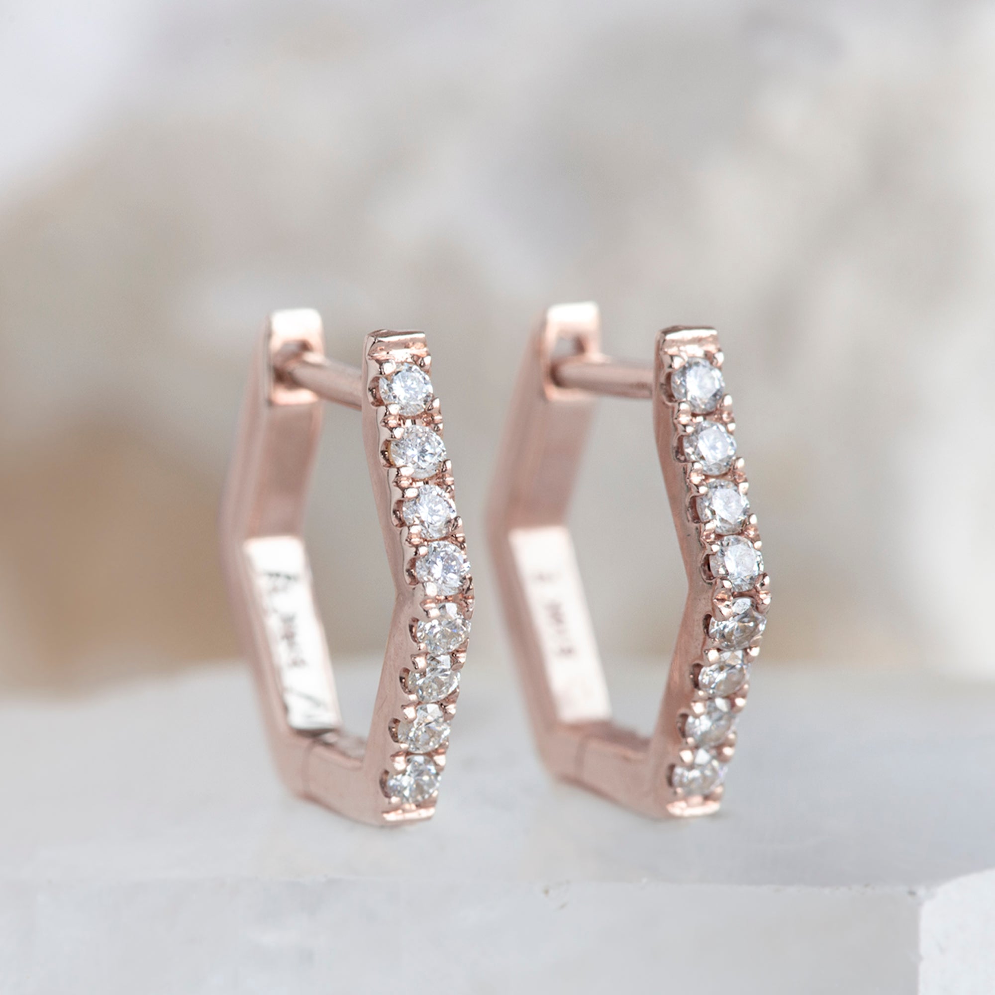 The White Diamond Pavé Hexagon Hoops | Yellow, Rose or White Gold