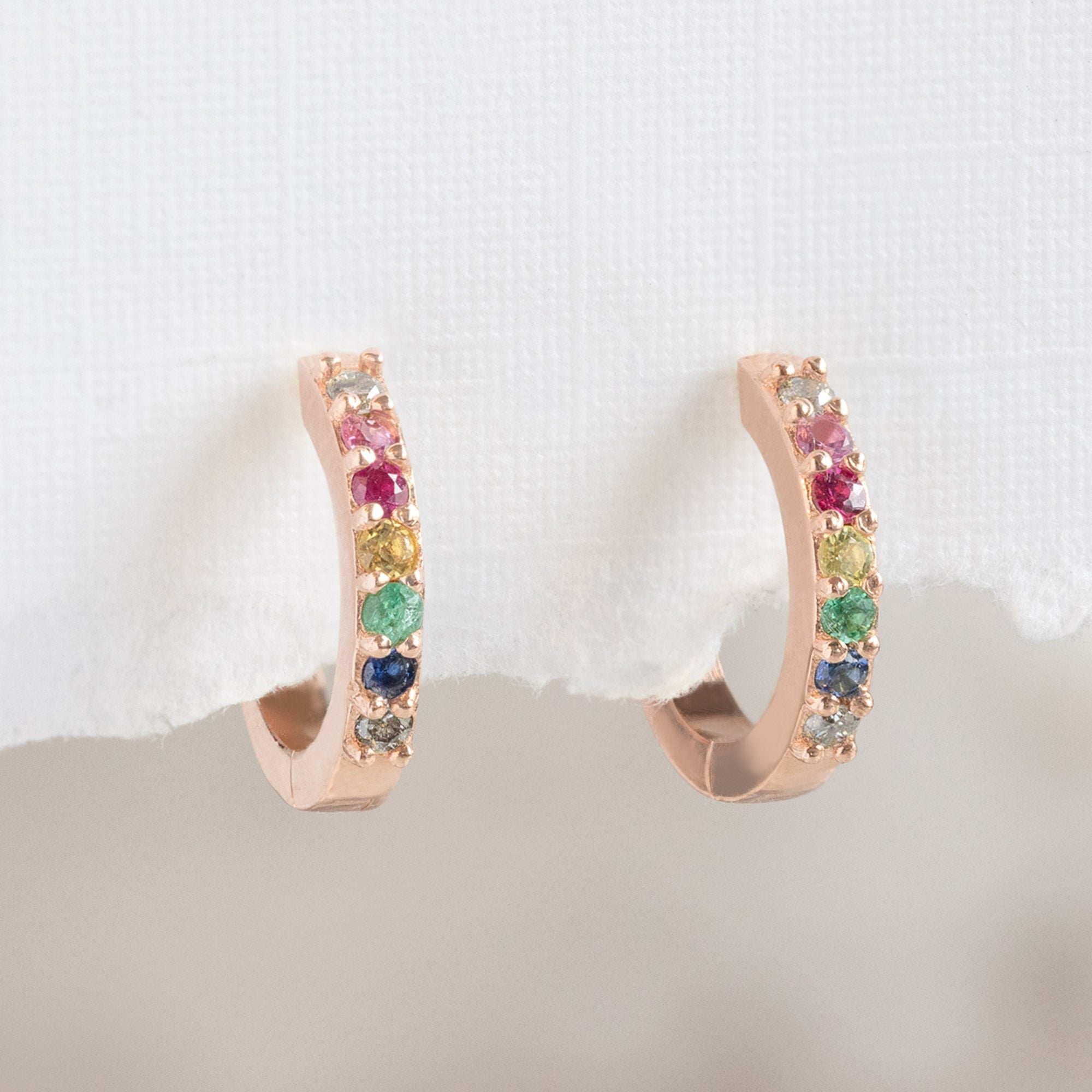 The Rainbow Sapphire Pavé Huggie Hoops | Yellow, Rose or White Gold