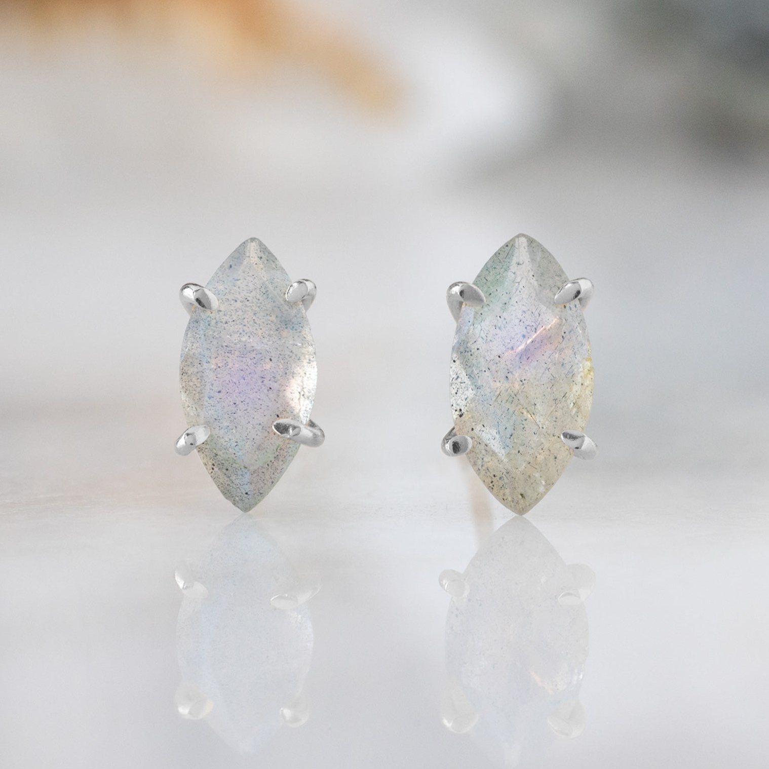 The Labradorite Marquise Stud Earrings | Yellow, Rose, White or Sterling Silver