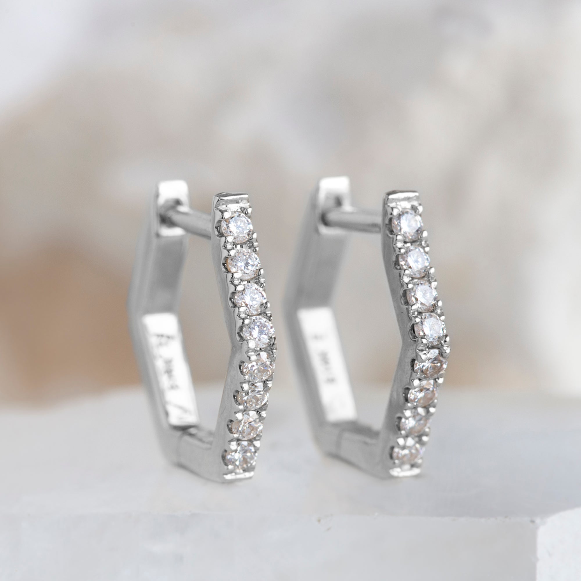 The White Diamond Pavé Hexagon Hoops | Yellow, Rose or White Gold