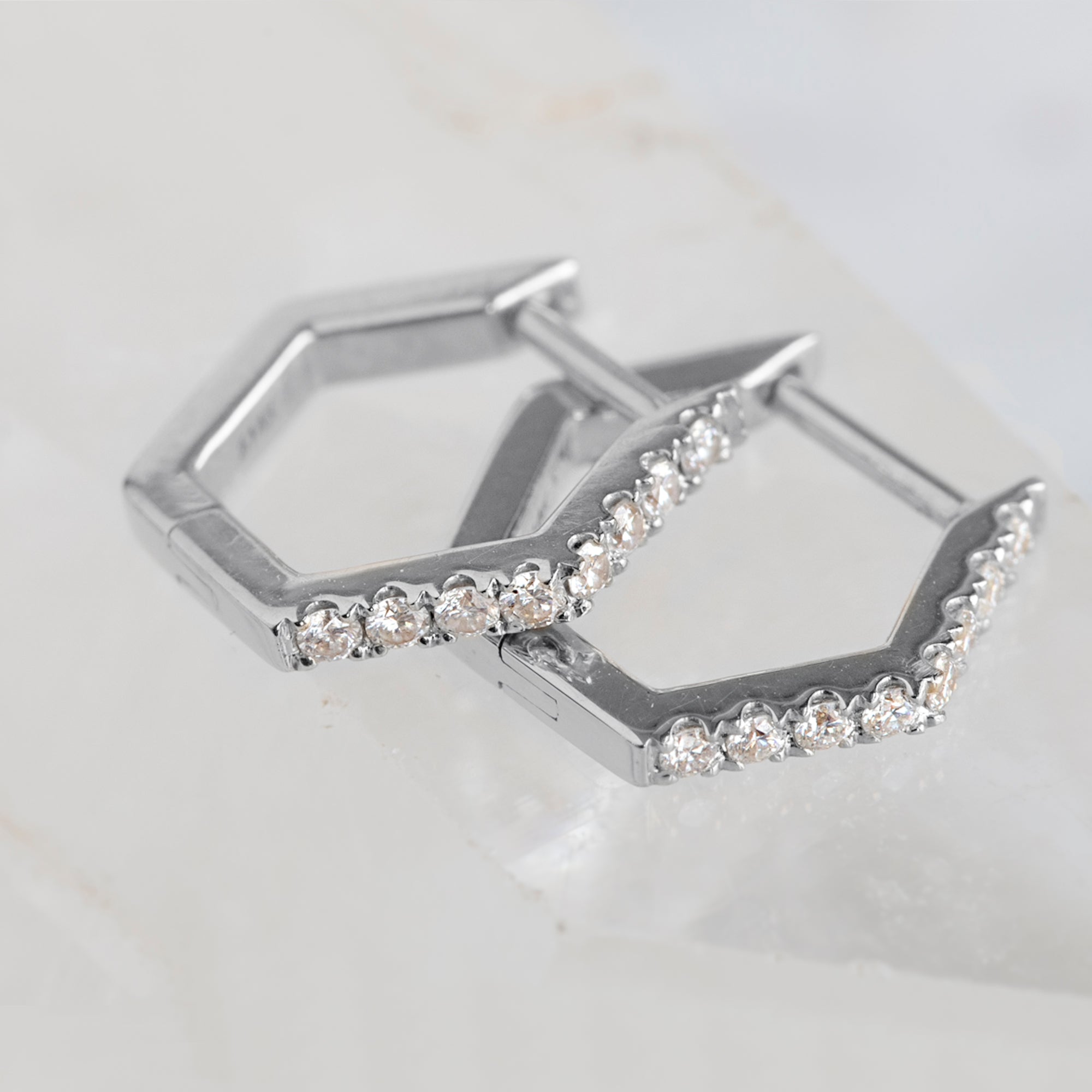 The White Diamond Pavé Hexagon Hoops | Yellow, Rose or White Gold