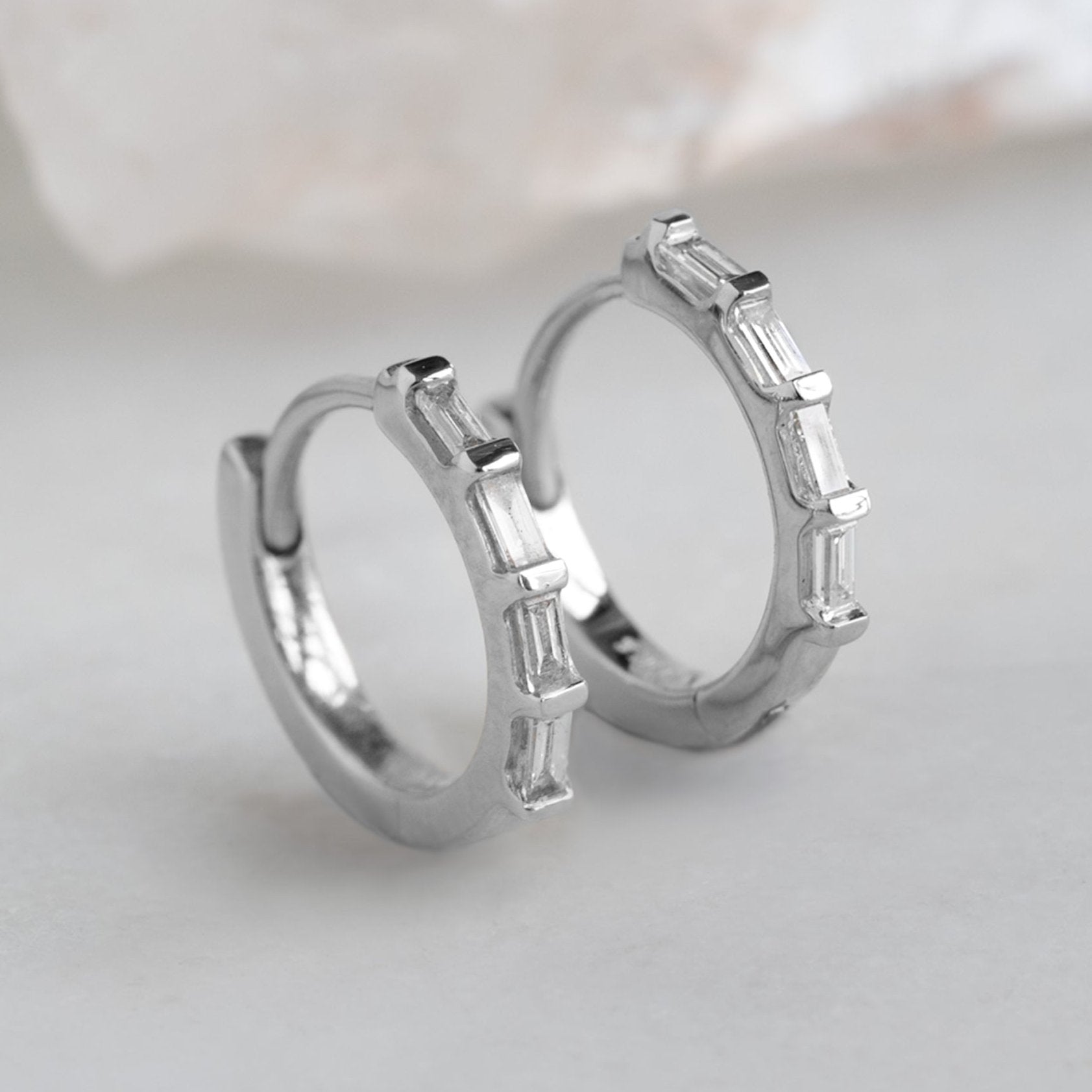 The Baguette White Diamond Huggie Hoops | Yellow, Rose or White Gold