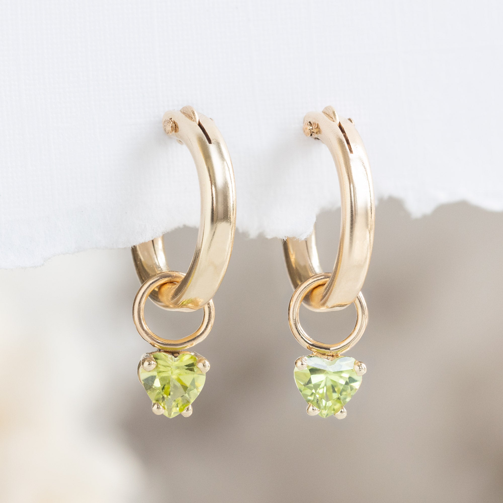 The Peridot Heart Hoops | Yellow Gold
