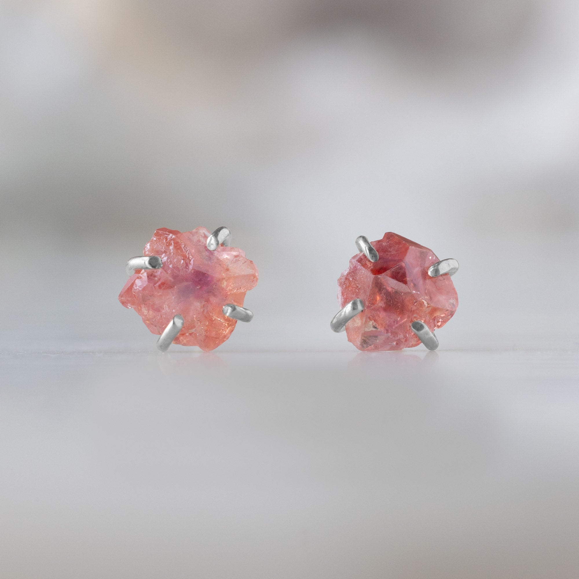 The Raw Padparadscha Sapphire Gemstone Stud Earrings | Yellow, Rose or Sterling Silver