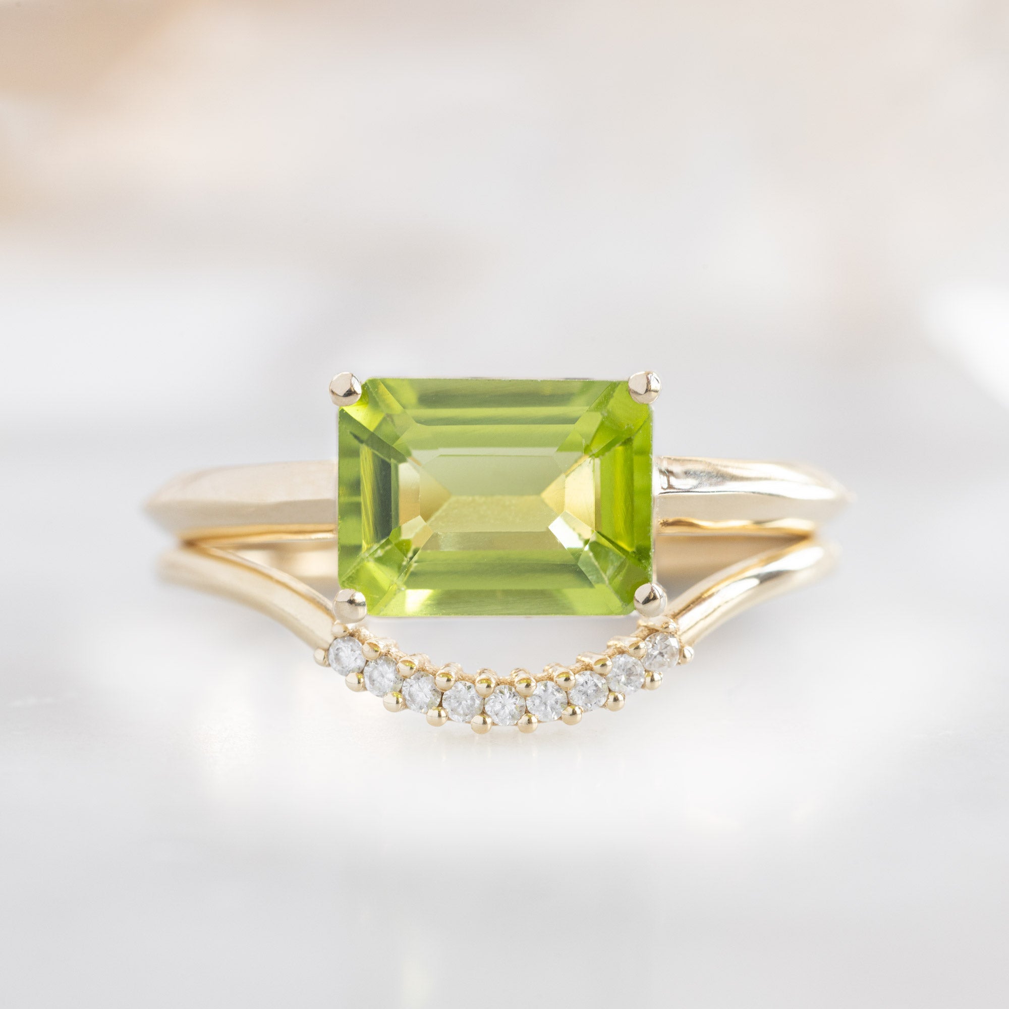 buy:the-bryn-ring-1-72ct-emerald-peridot-in-14k-yellow-gold,white-diamond-pave-arc-stacking-band-14k-or-18k-yellow-gold