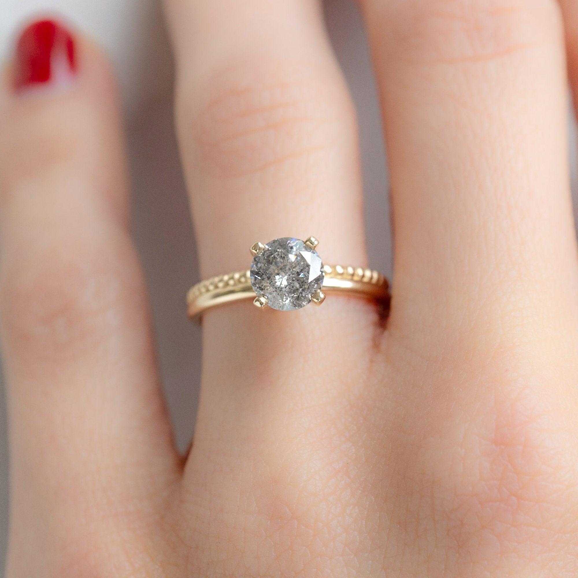 The Duo Beaded Ring | 1.13ct Round Salt and Pepper Diamond in 14K Yellow Gold