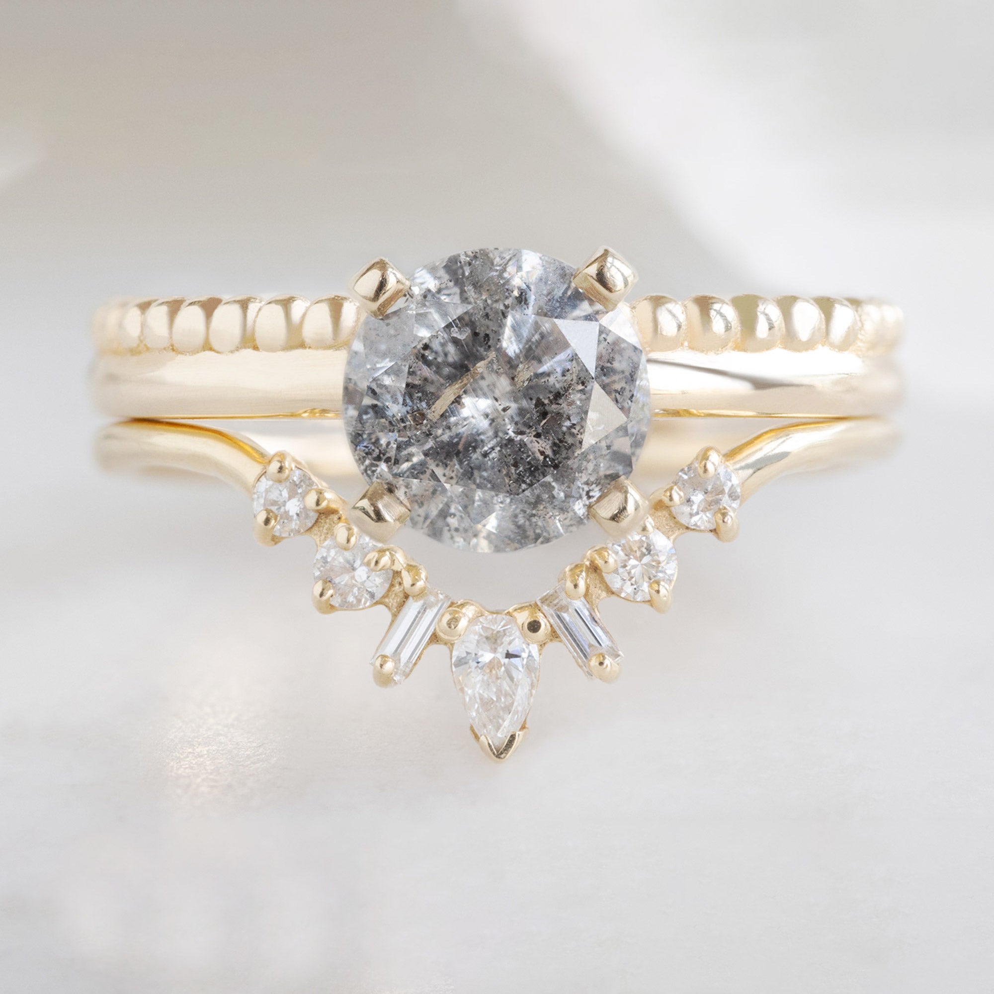 The Duo Beaded Ring | 1.13ct Round Salt and Pepper Diamond in 14K Yellow Gold