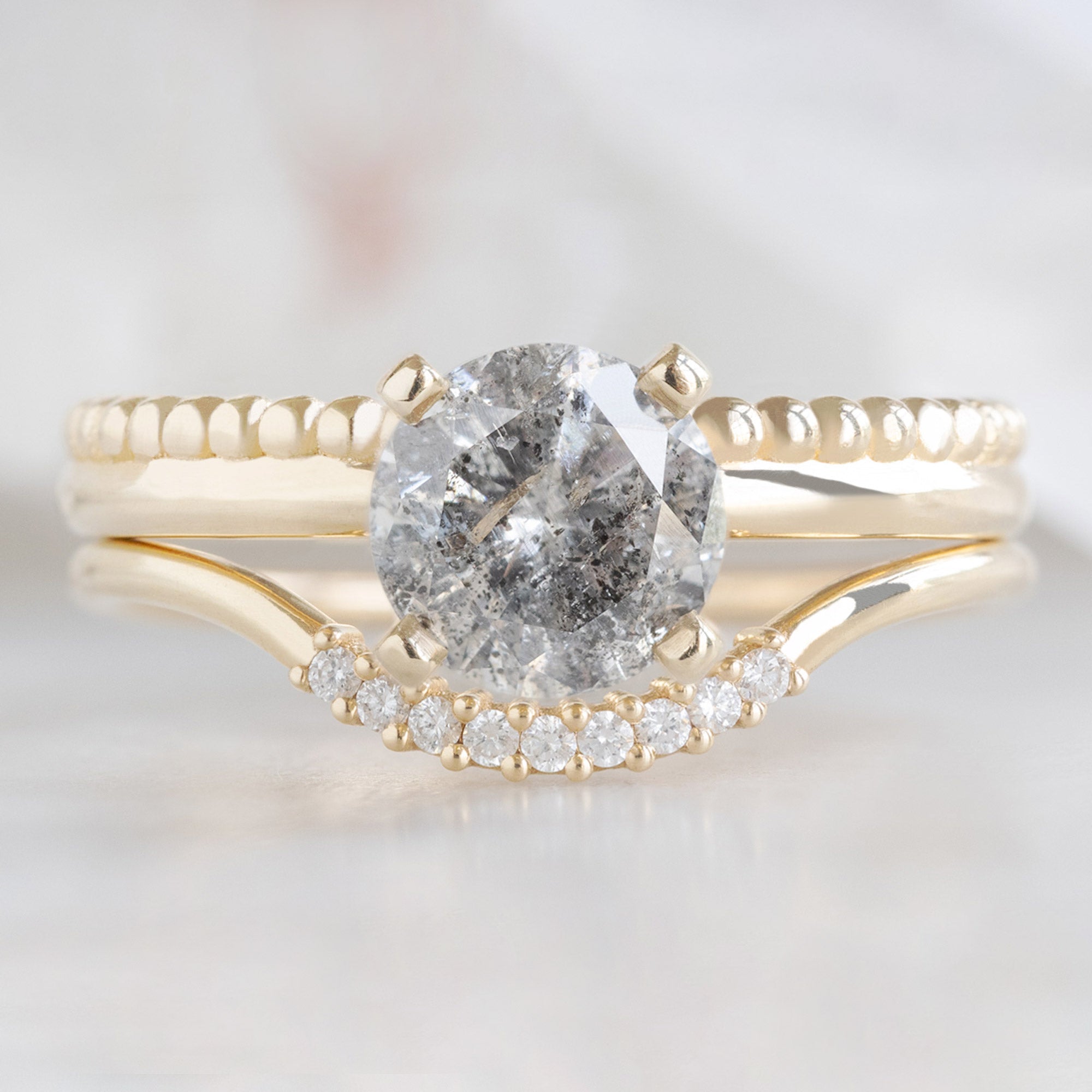 The Duo Beaded Ring | 1.13ct Round Salt and Pepper Diamond in 14K Yellow Gold