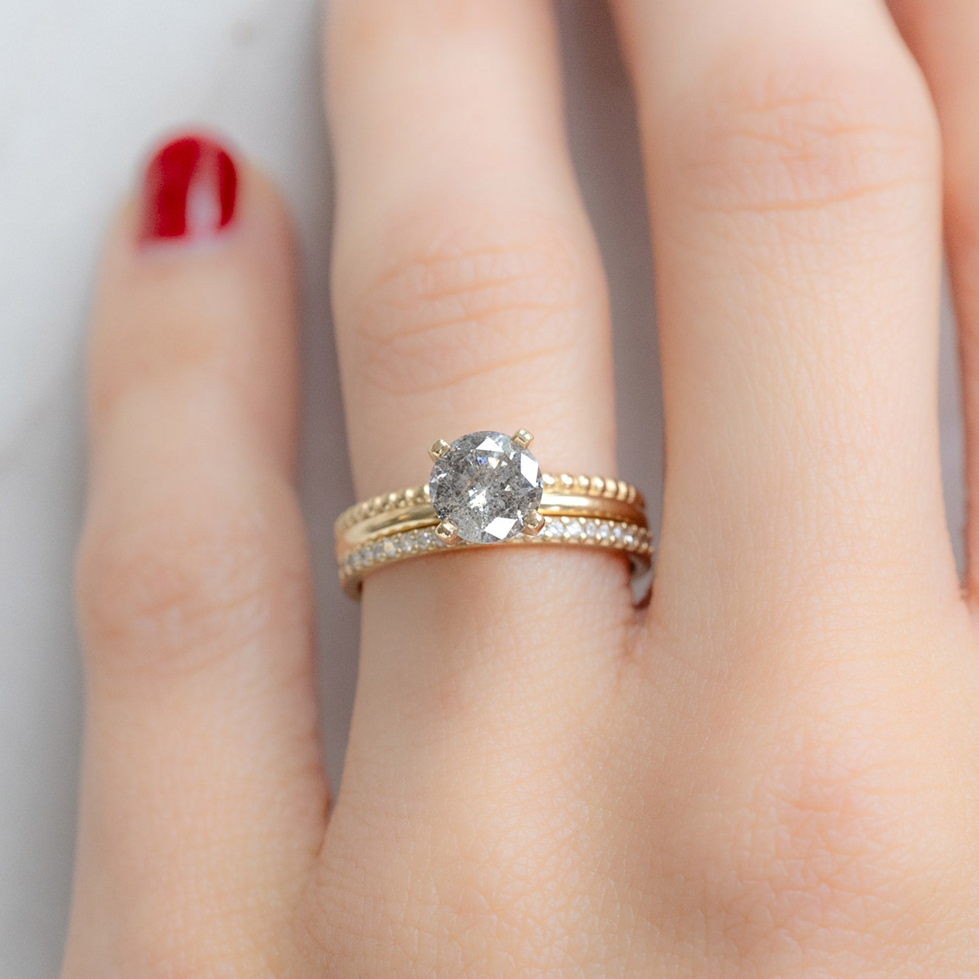 The Duo Beaded Ring | 1.13ct Round Salt and Pepper Diamond in 14K Yellow Gold