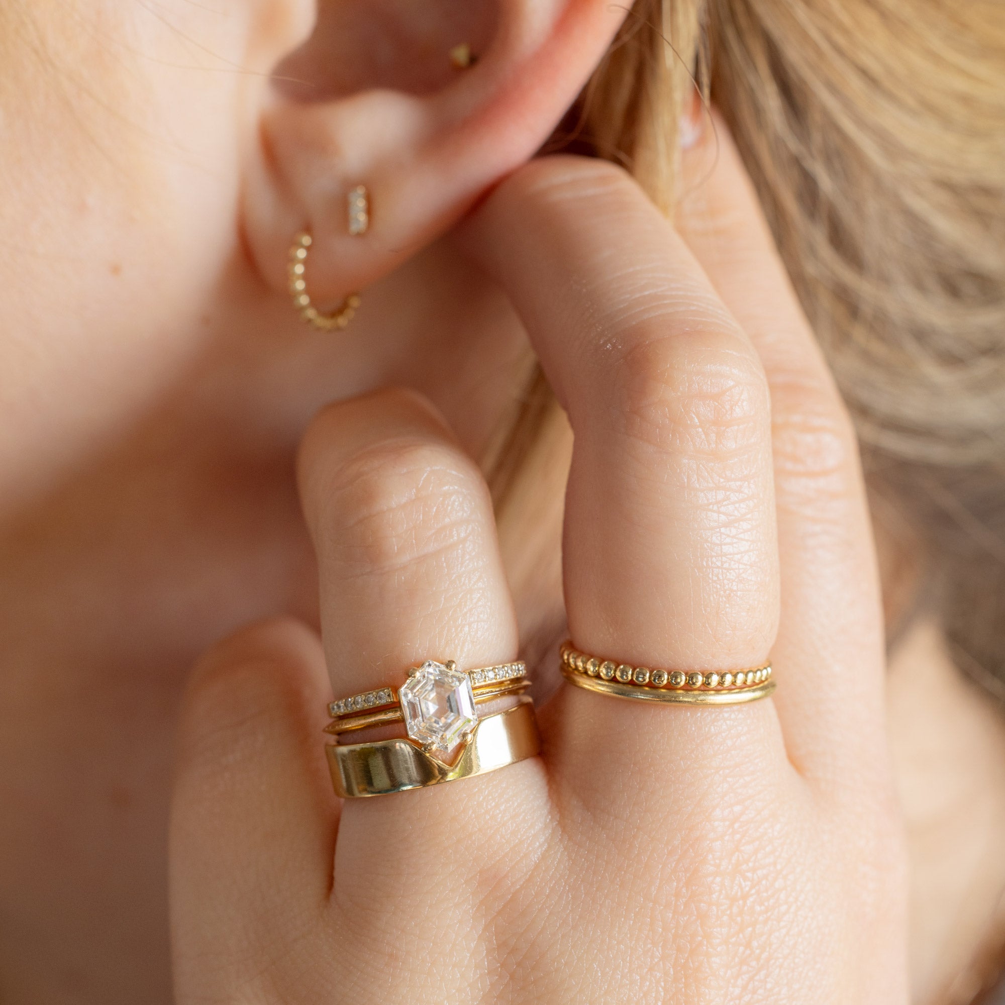 buy:open-cuff-white-diamond-pave-stacking-band-14k-or-18k-yellow-gold,the-bryn-ring-1-60ct-lab-grown-hexagon-white-diamond-in-14k-yellow-gold,the-unisex-gold-wedding-band-peak-cut-out-in-14k-yellow-gold