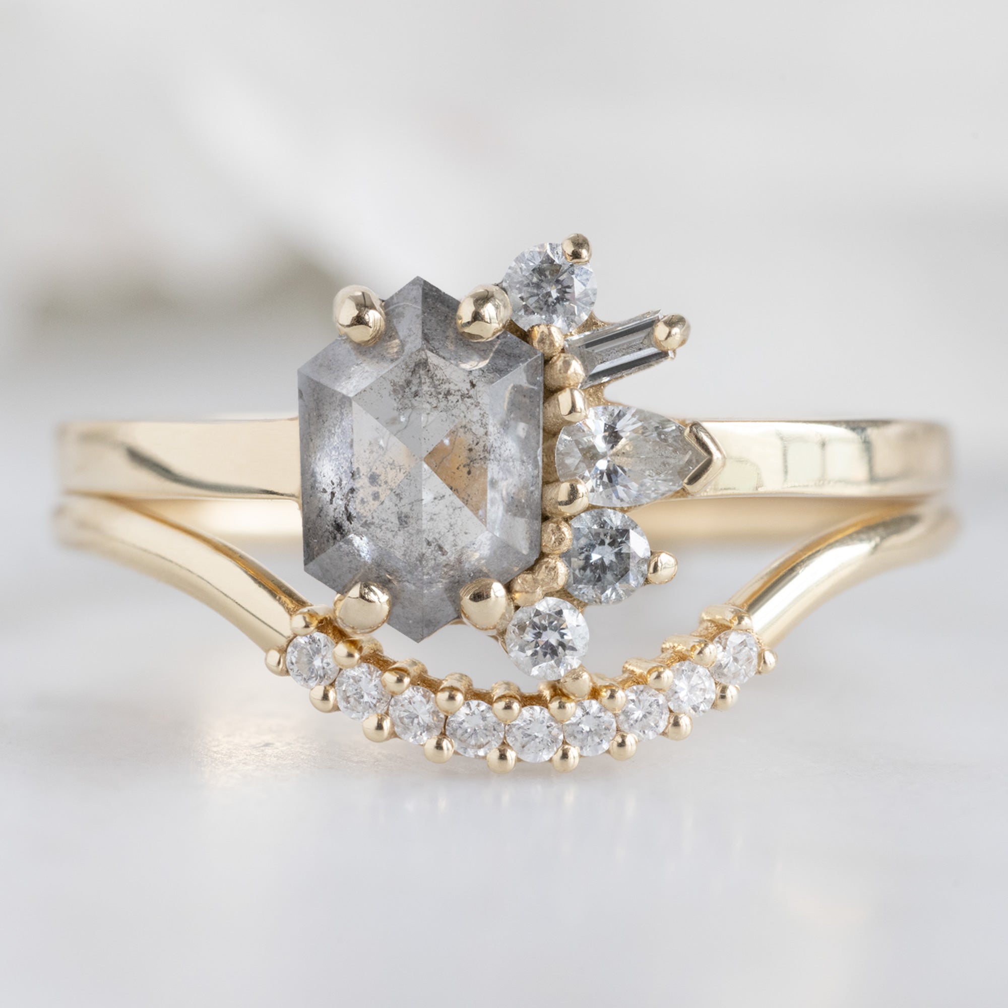 buy:the-cluster-ring-0-54ct-hexagon-salt-and-pepper-diamond-in-14k-yellow-gold,white-diamond-pave-arc-stacking-band-14k-or-18k-yellow-gold
