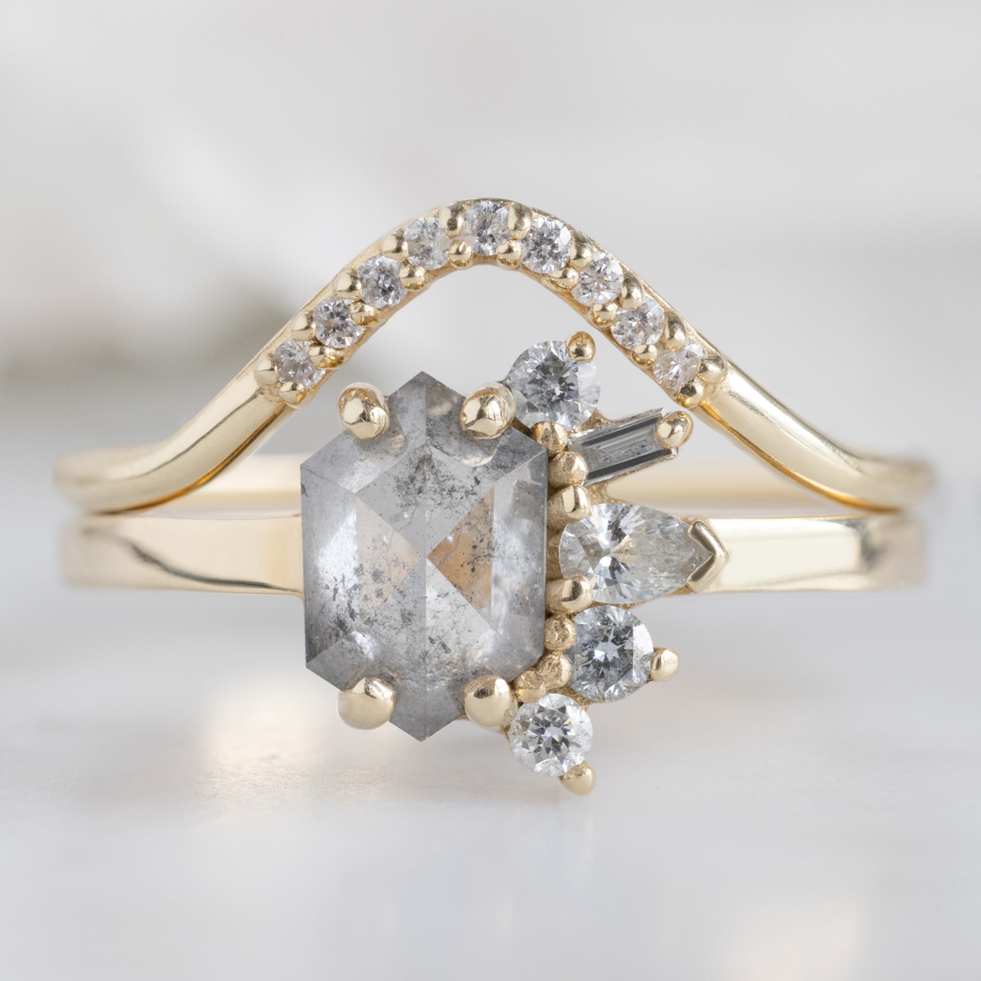The Cluster Ring | 0.54ct Hexagon Salt and Pepper Diamond in 14K Yellow Gold