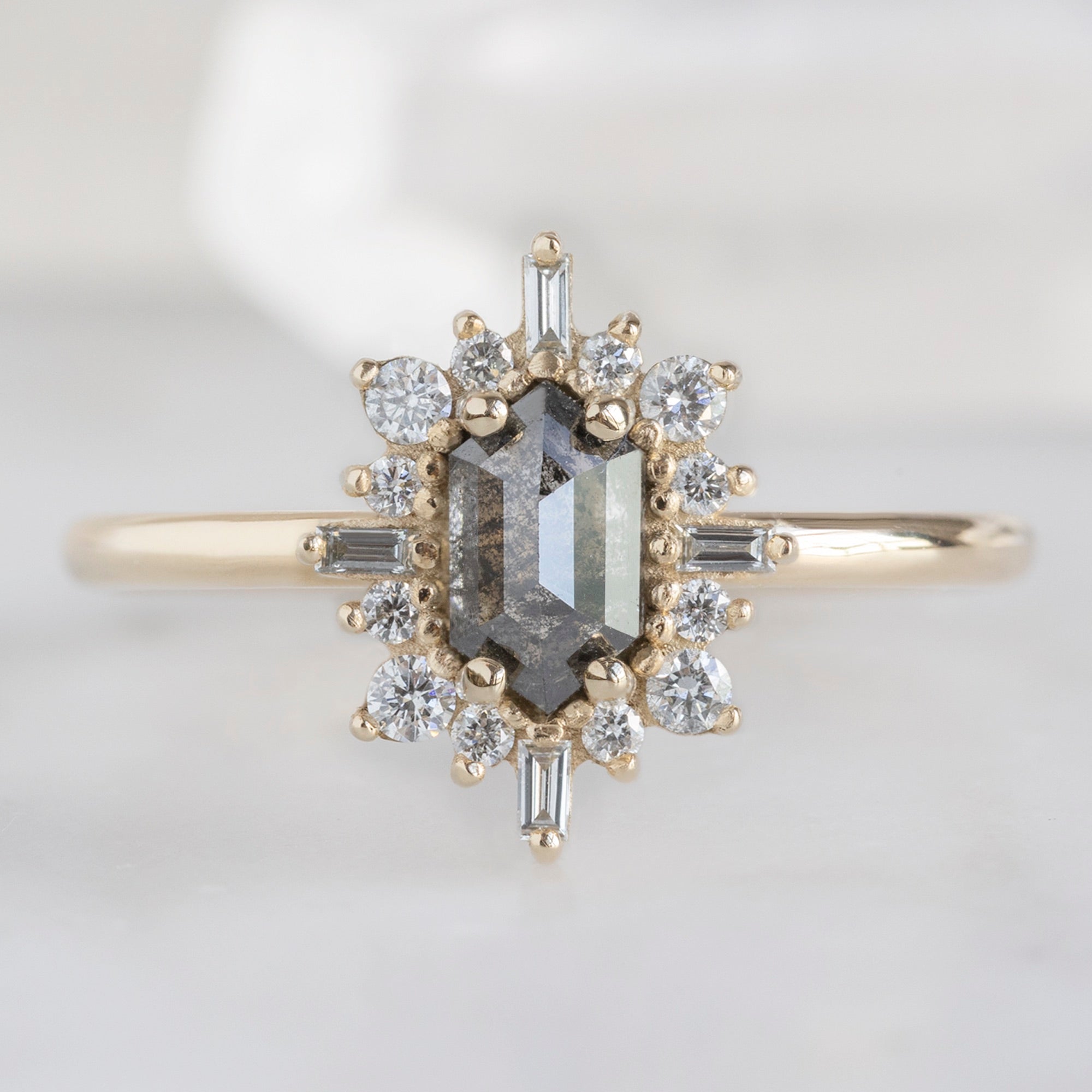 The Compass Ring | 0.62ct Hexagon Salt and Pepper Diamond in 14K Yellow Gold