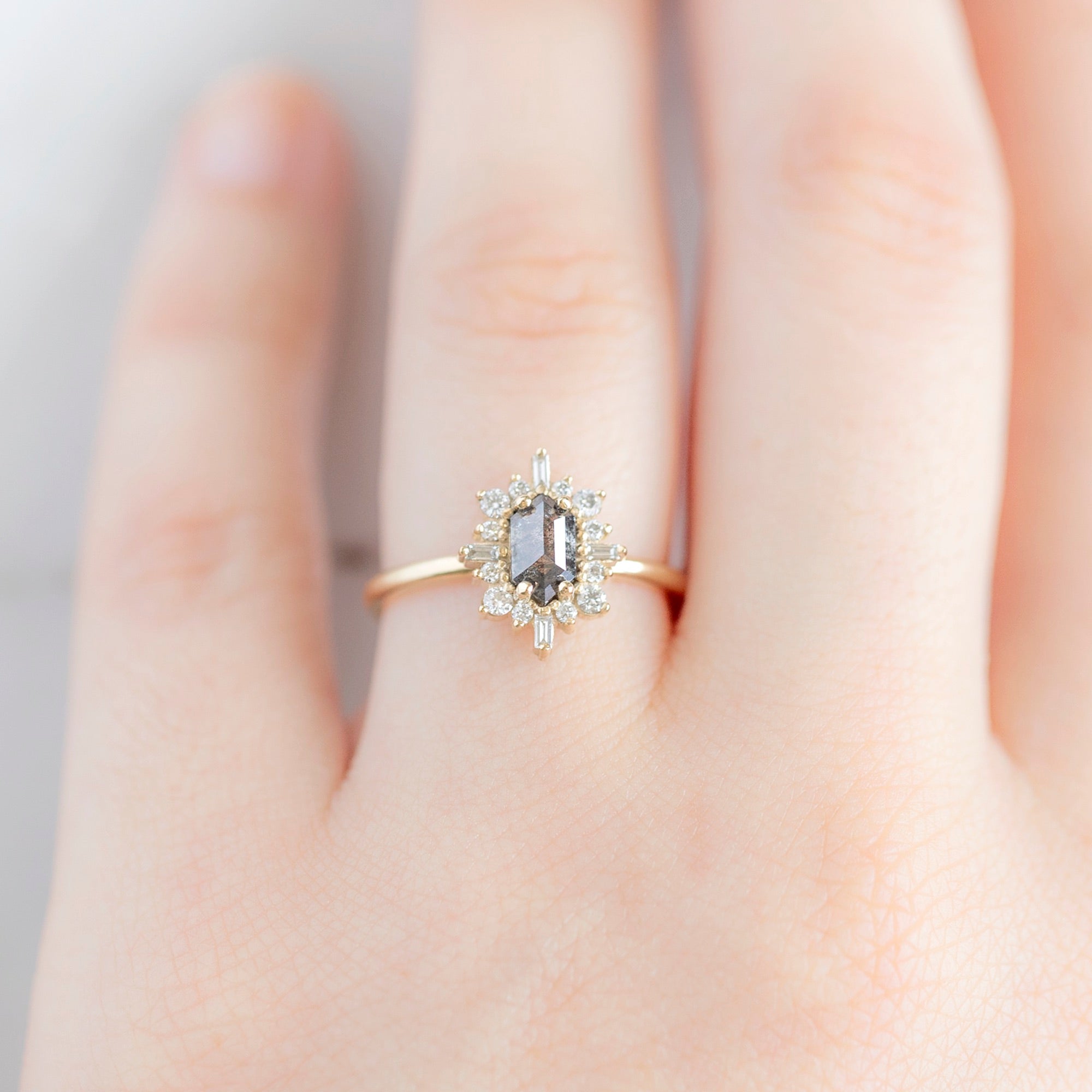 The Compass Ring | 0.62ct Hexagon Salt and Pepper Diamond in 14K Yellow Gold