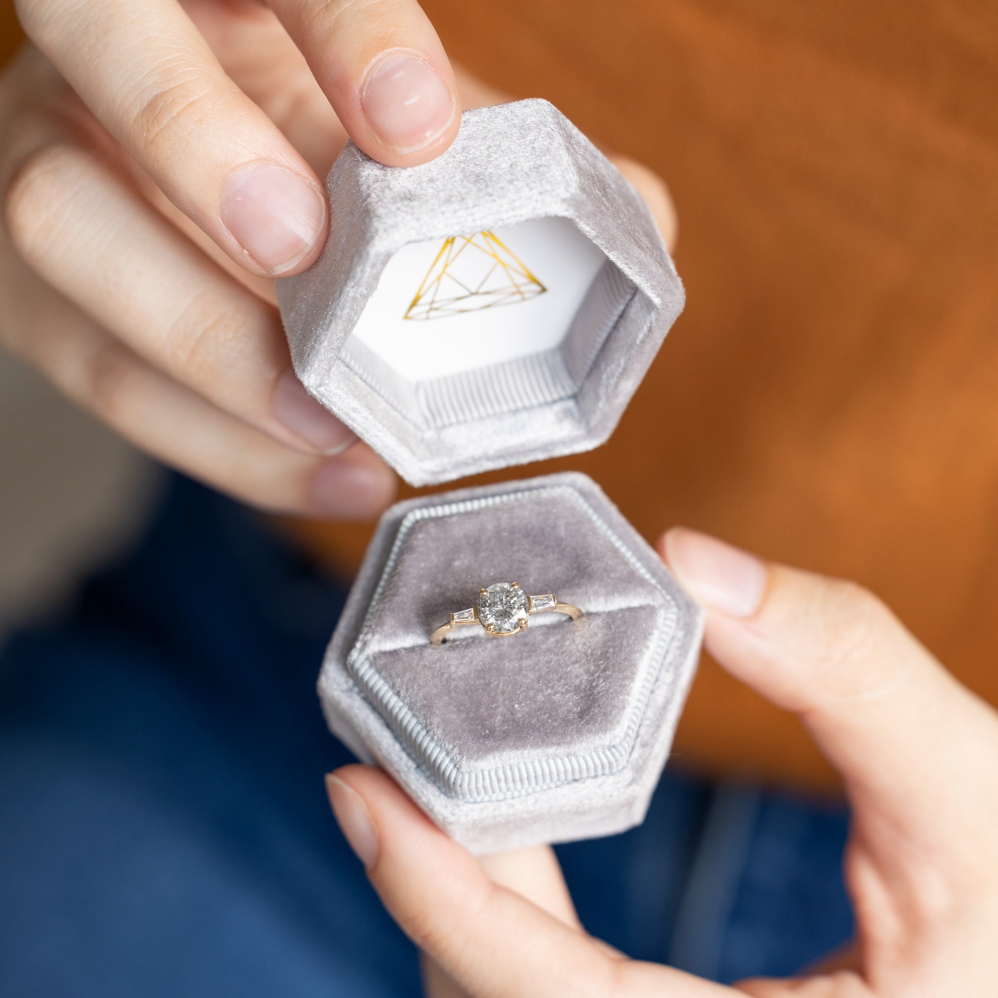 The Ash Ring | 1.22ct Round Salt and Pepper Diamond in 14K Yellow Gold in engagement ring box.