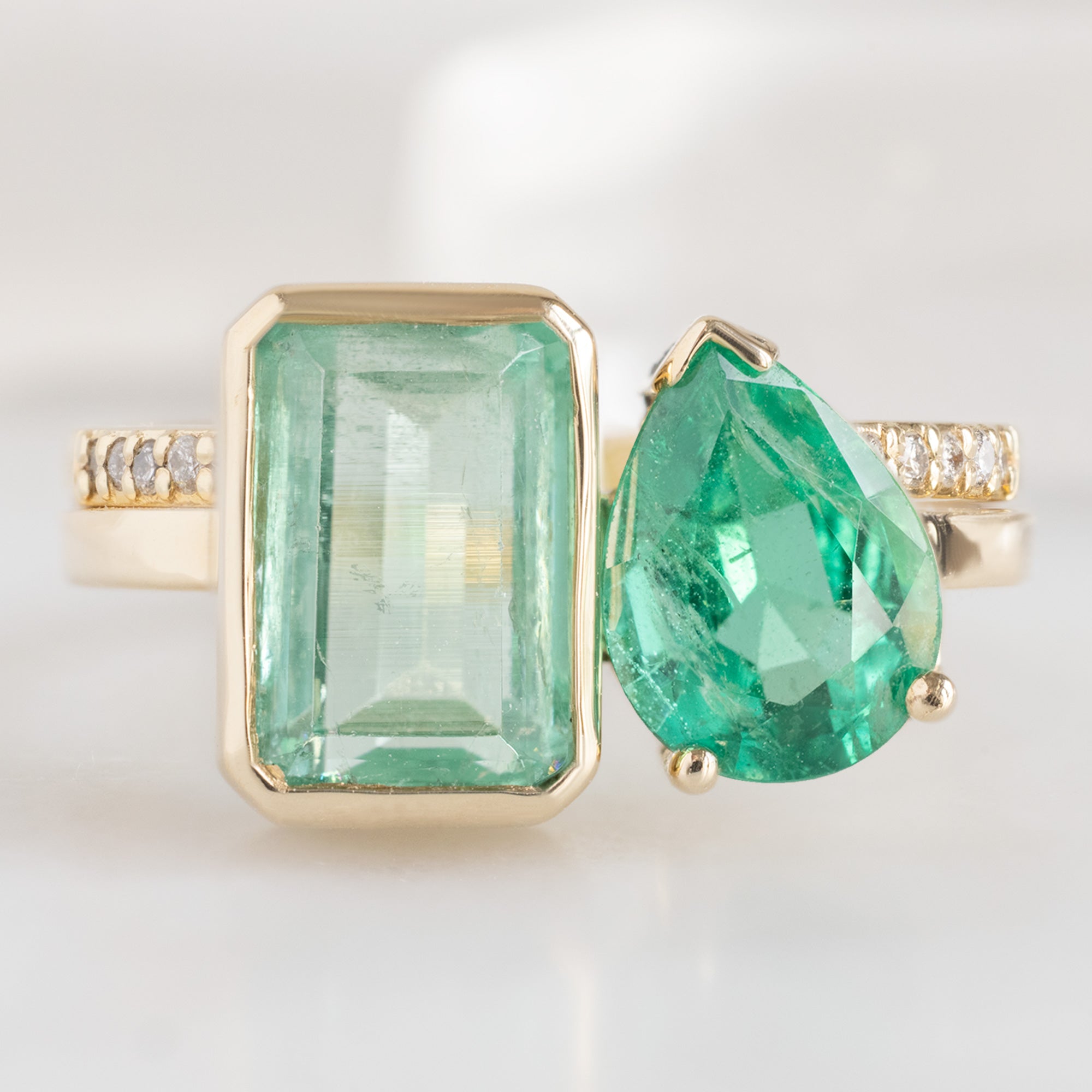 buy:open-cuff-white-diamond-pave-stacking-band-14k-or-18k-yellow-gold,the-watercolor-you-and-me-ring-1-93ct-emerald-cut-and-pear-cut-emerald-in-14k-yellow-gold