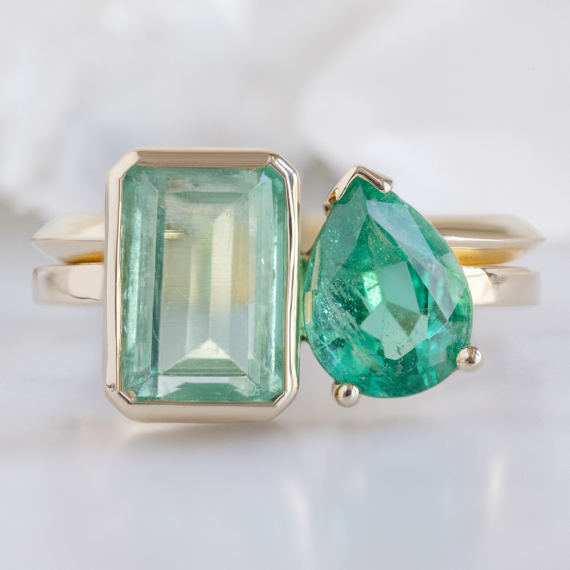 The Watercolor You and Me Ring | 1.93ct Emerald Cut Emerald in 14K Yellow Gold