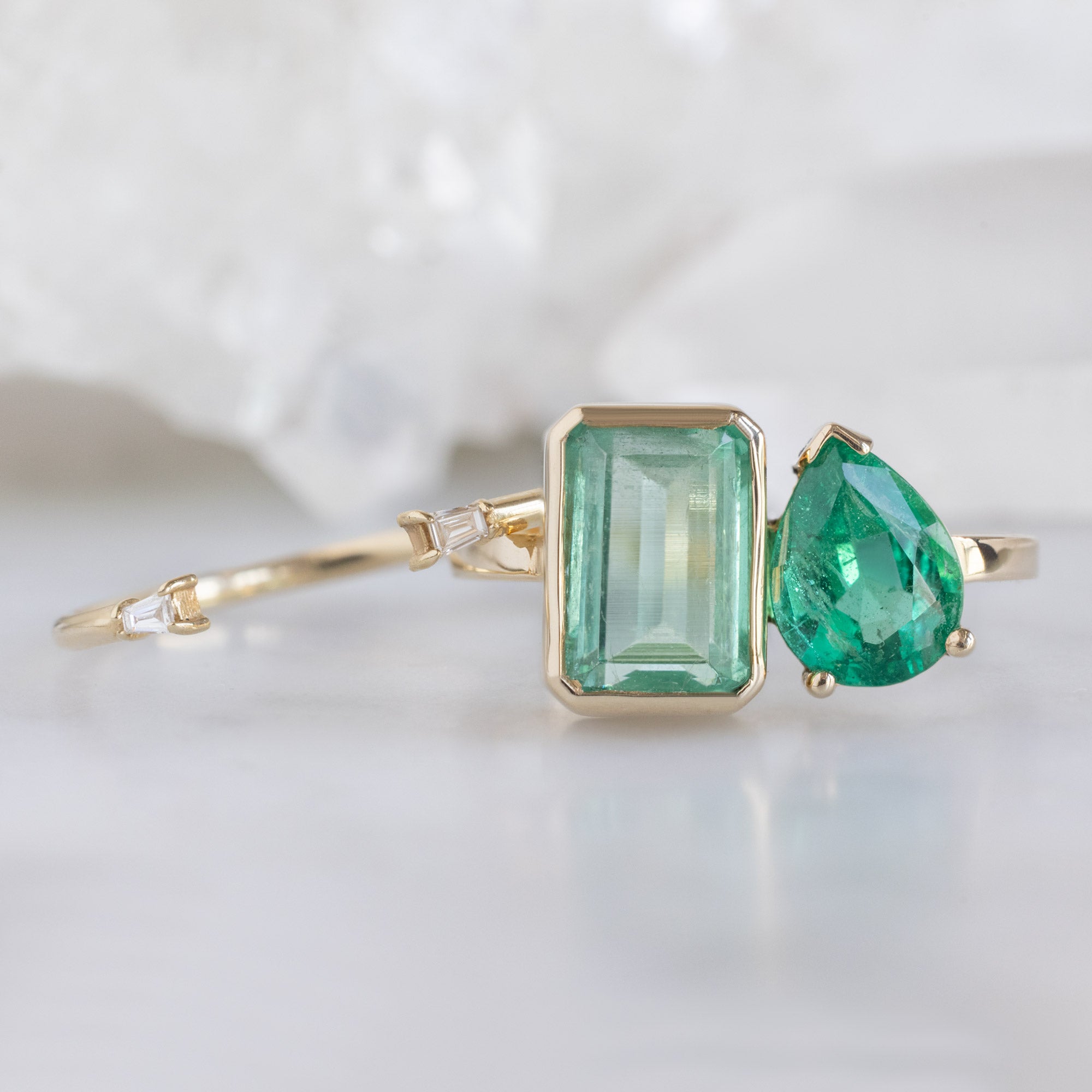 The Watercolor You and Me Ring | 1.93ct Emerald Cut Emerald in 14K Yellow Gold