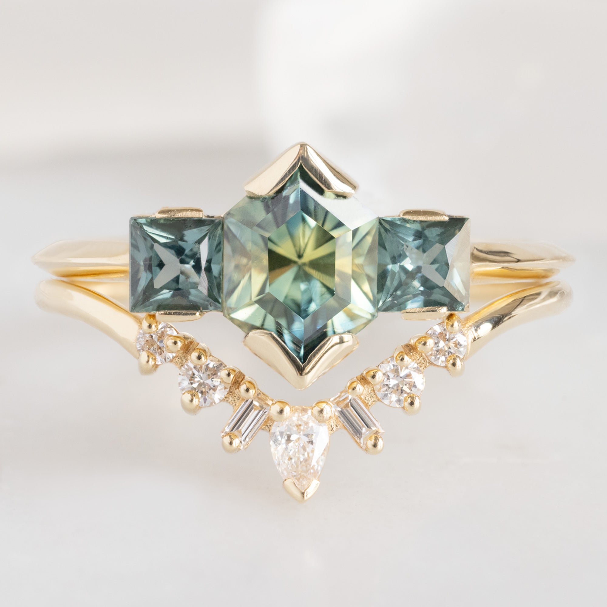 buy:the-watercolor-ring-1-2ct-hexagonal-parti-sapphire-in-14k-yellow-gold,geometric-white-diamond-sunburst-stacking-band-14k-or-18k-yellow-gold