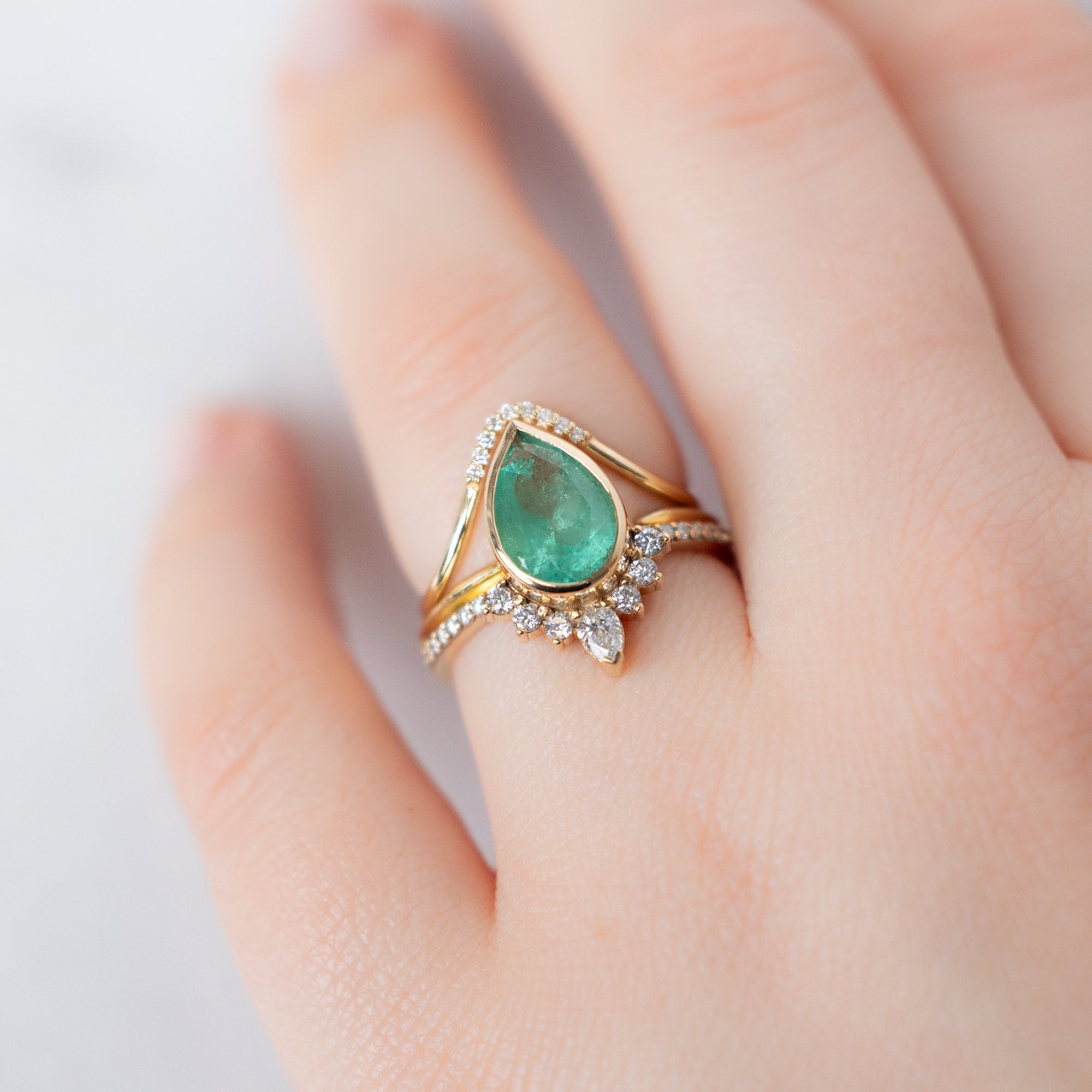 buy:white-diamond-pave-peak-stacking-band-14k-or-18k-yellow-gold,the-aster-ring-2-12ct-pear-emerald-in-14k-yellow-gold,gold-open-cuff-knife-edge-stacking-band-14k-yellow-gold
