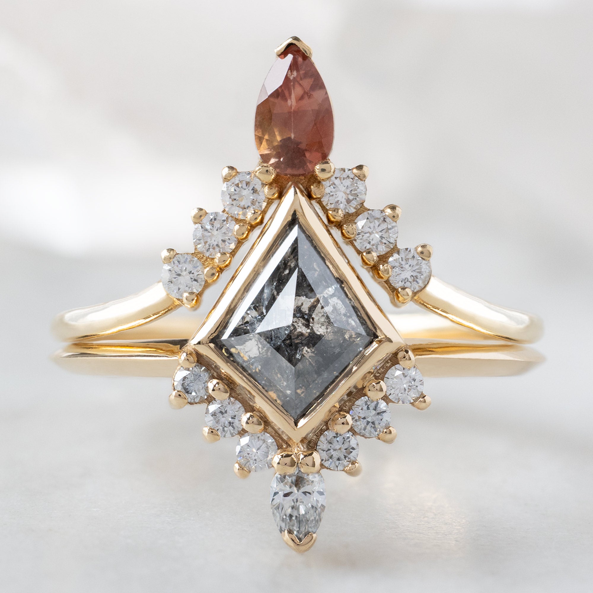The Aster Ring with a 1.02ct Kite Salt and Pepper Diamond in 14K Yellow Gold Stacked with the Sunstone and White Diamond Sunburst Stacking Band