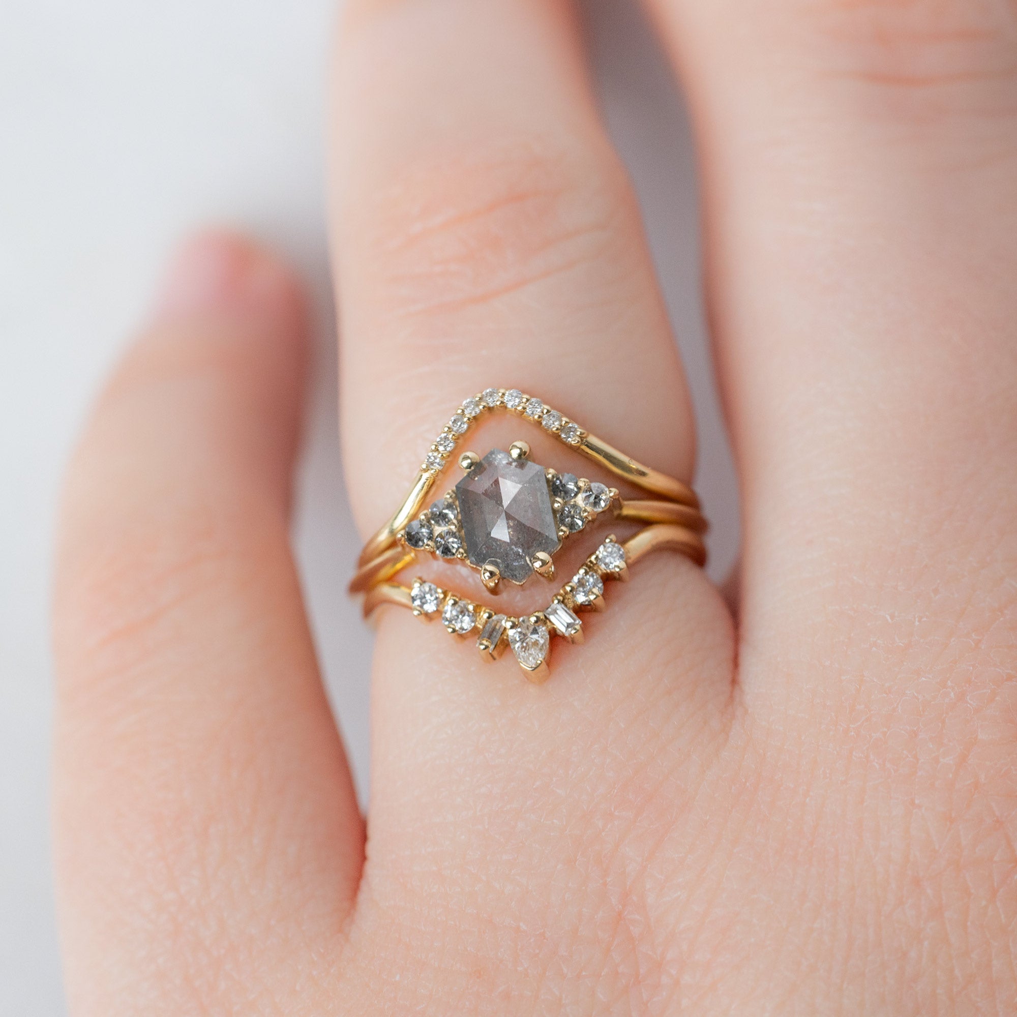 buy:white-diamond-pave-peak-stacking-band-14k-or-18k-yellow-gold,the-ivy-ring-0-63ct-hexagon-grey-diamond-in-14k-yellow-gold,geometric-white-diamond-sunburst-stacking-band-14k-or-18k-yellow-gold