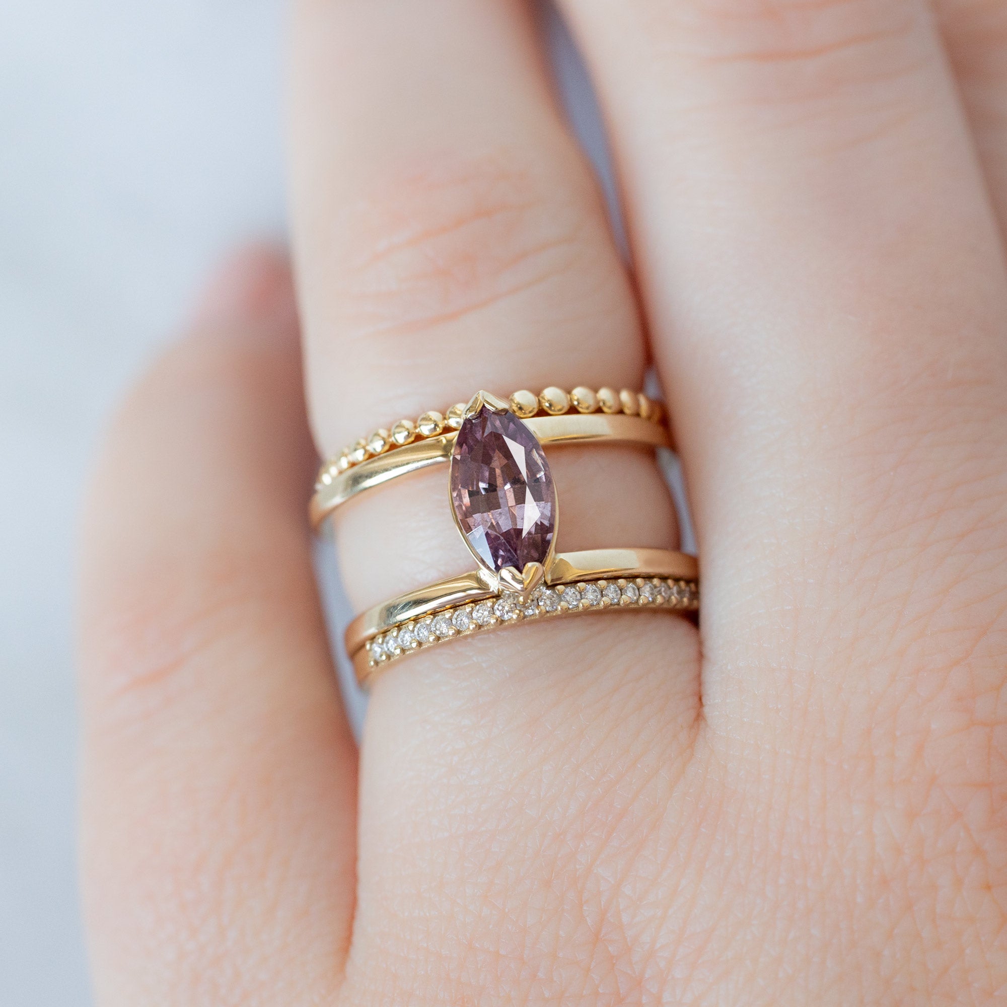 buy:the-gold-beaded-stacking-ring-14k-yellow-gold,the-poppy-ring-1-38ct-marquise-pink-garnet-in-14k-yellow-gold,the-white-diamond-pave-wedding-band-14k-or-18k-yellow-gold