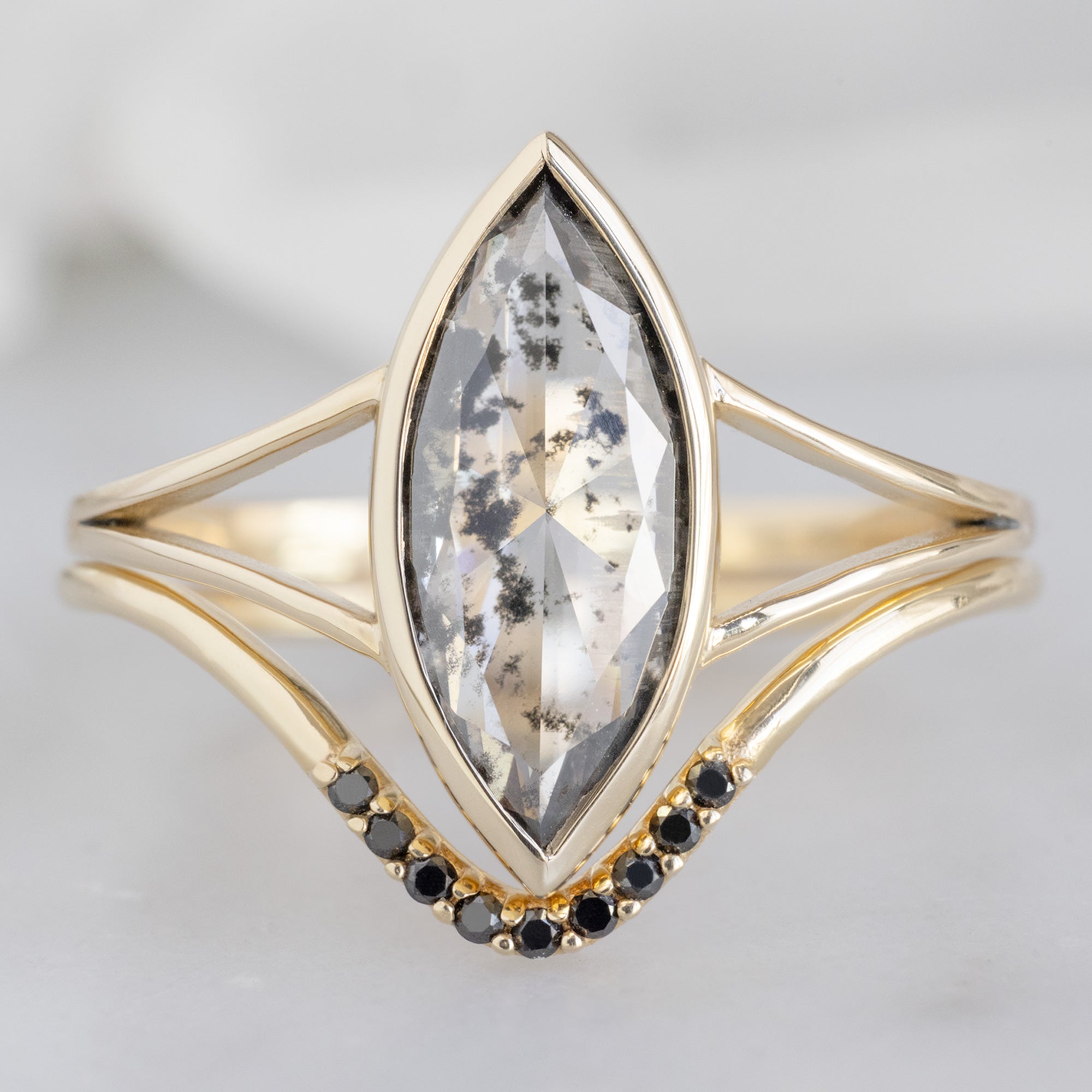 buy:the-magnolia-ring-1-65ct-lab-grown-salt-and-pepper-diamond-in-14k-yellow-gold,black-diamond-pave-peak-stacking-band-14k-or-18k-rose-gold