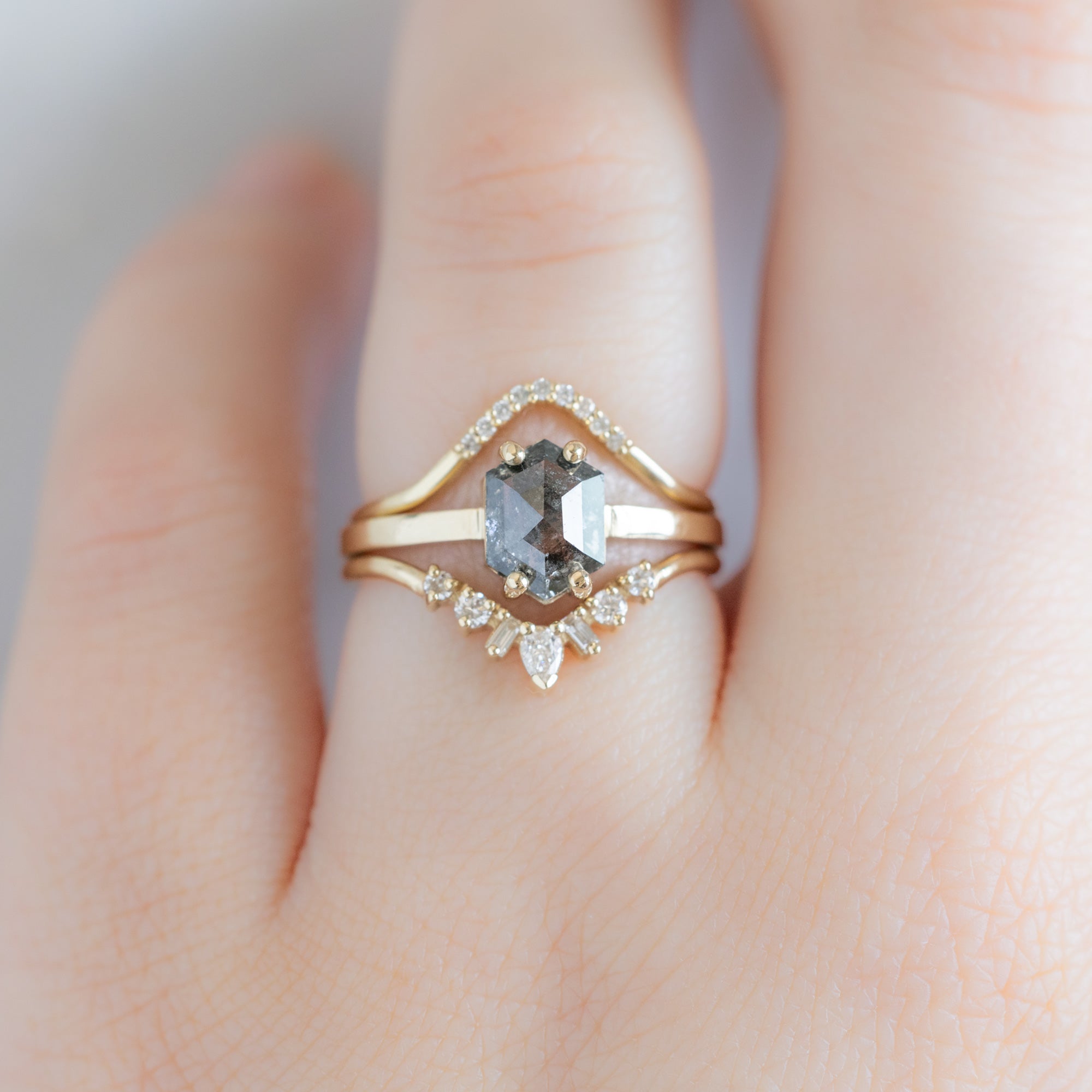 buy:white-diamond-pave-peak-stacking-band-14k-or-18k-yellow-gold,the-bryn-ring-1-42ct-hexagon-salt-and-pepper-diamond-in-14k-yellow-gold,geometric-white-diamond-sunburst-stacking-band-14k-or-18k-yellow-gold