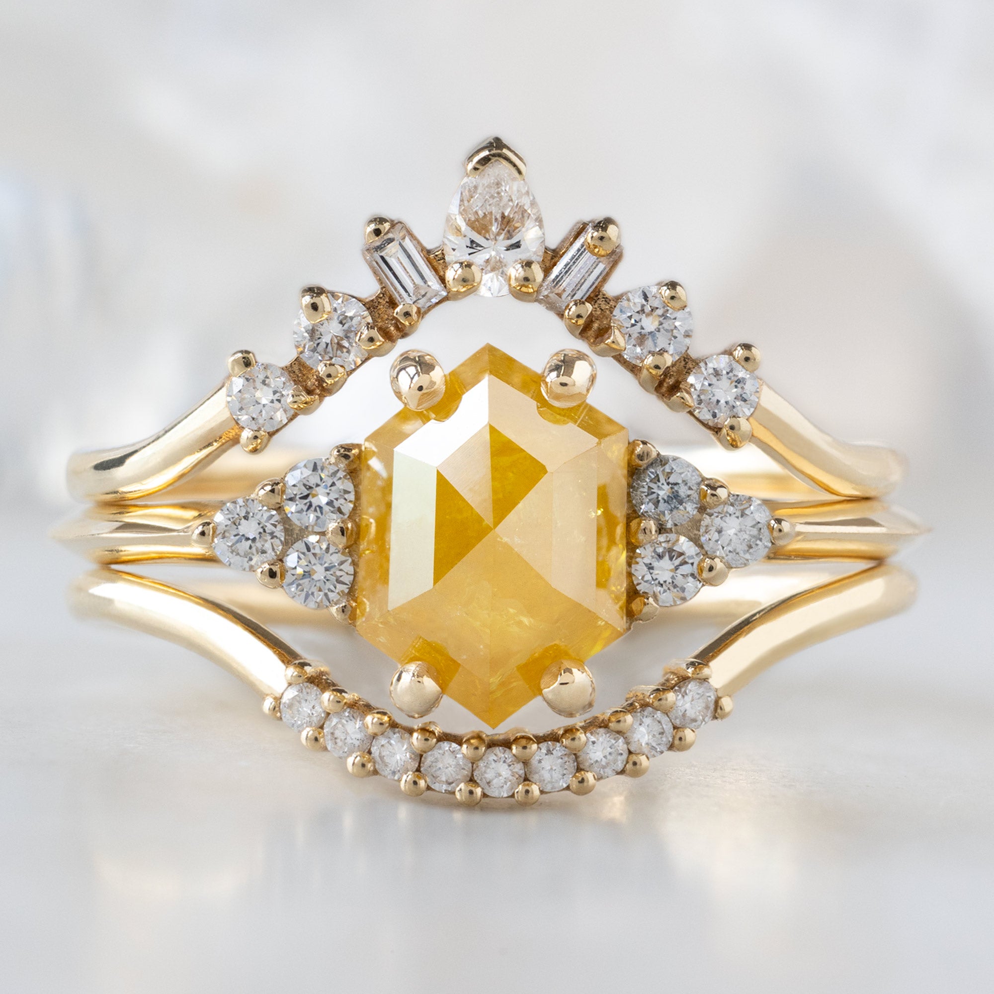 buy:geometric-white-diamond-sunburst-stacking-band-14k-or-18k-yellow-gold,the-ivy-ring-1-48ct-hexagon-yellow-diamond-in-14k-yellow-gold,white-diamond-pave-arc-stacking-band-14k-or-18k-yellow-gold